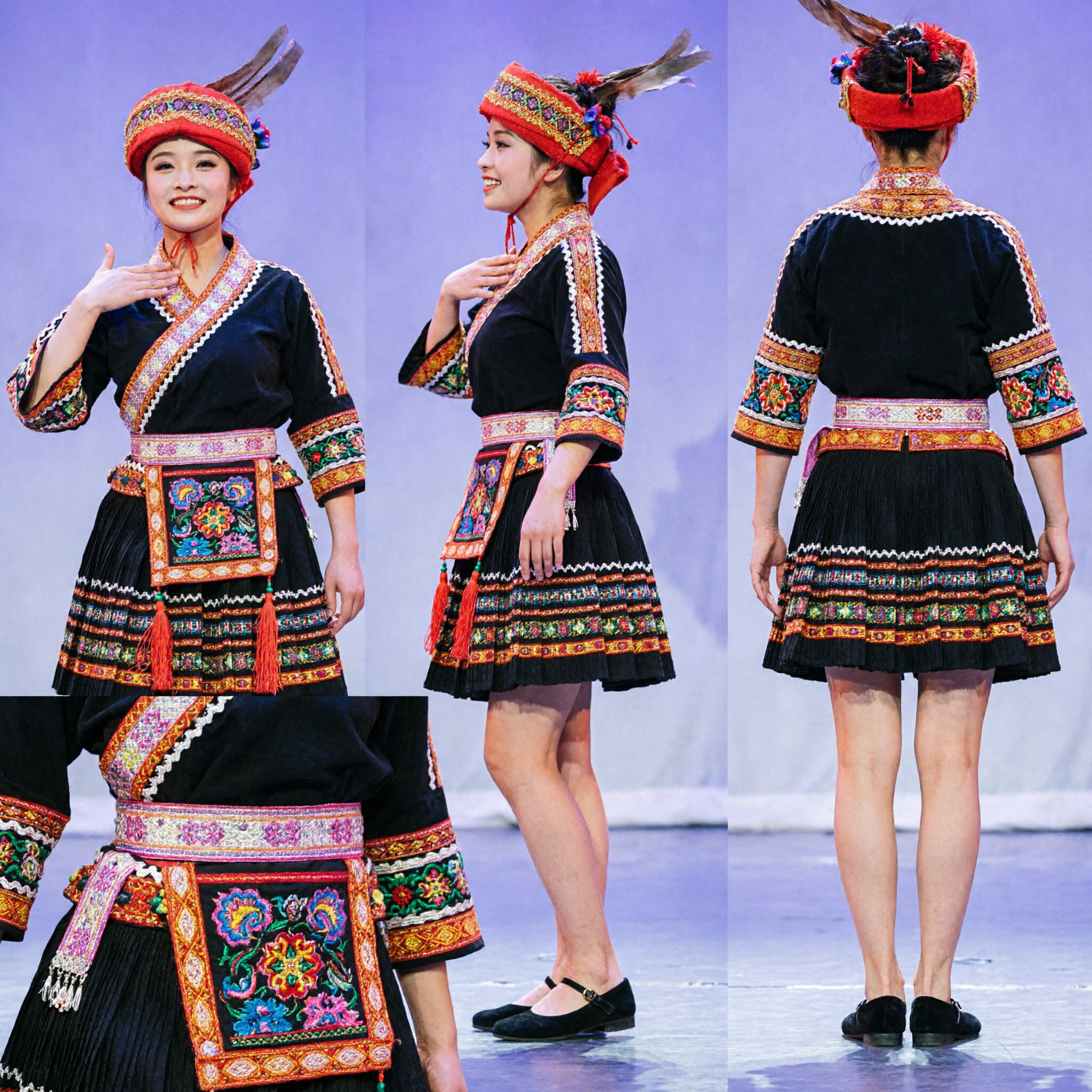 Traditional Chinese Ethnic Minority Folk Dance Costume for Women Stage Performance Embroidered Dress Set