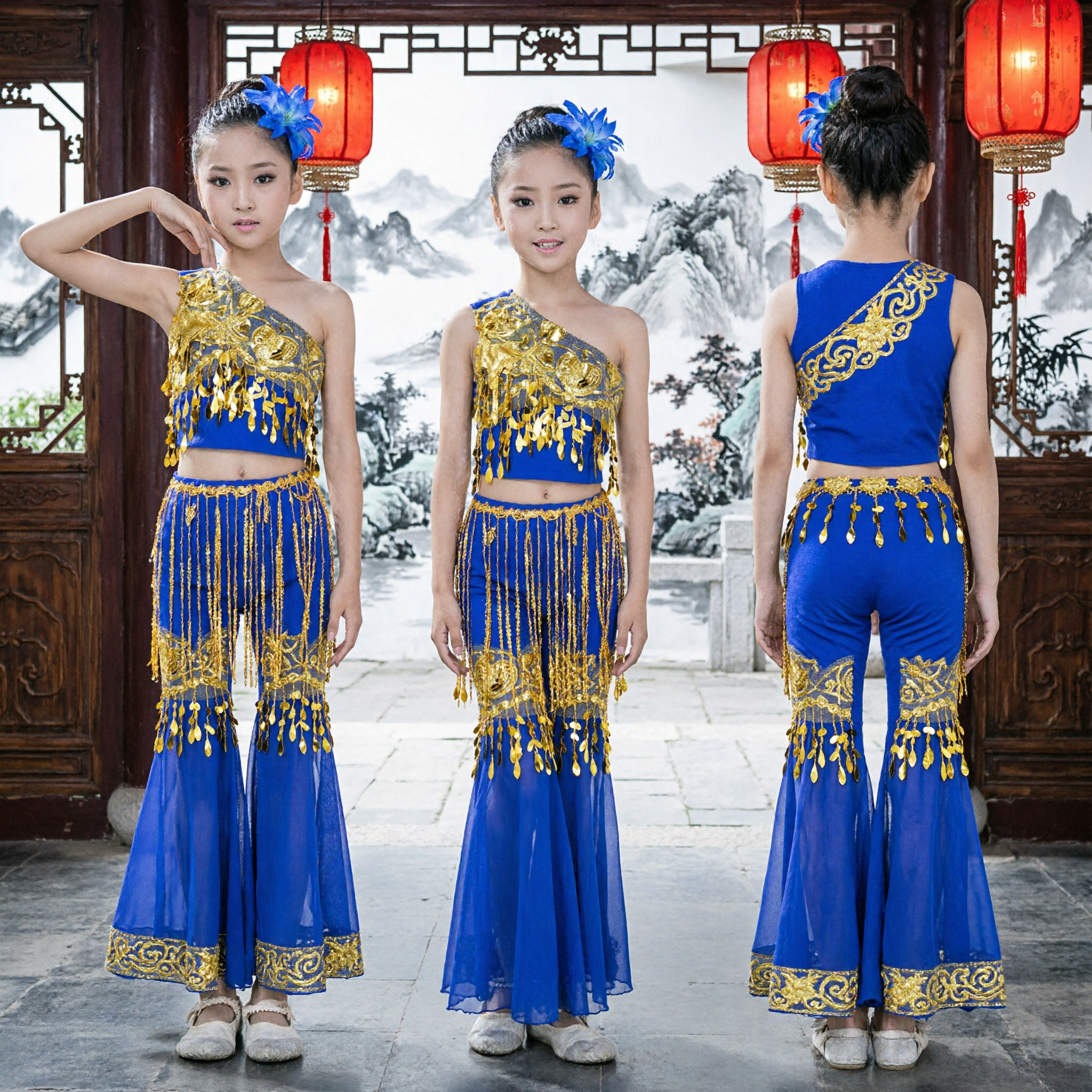 Women's Royal Blue Chinese Folk Dance Costume with Gold Sequin Fringe Top and Pants Set