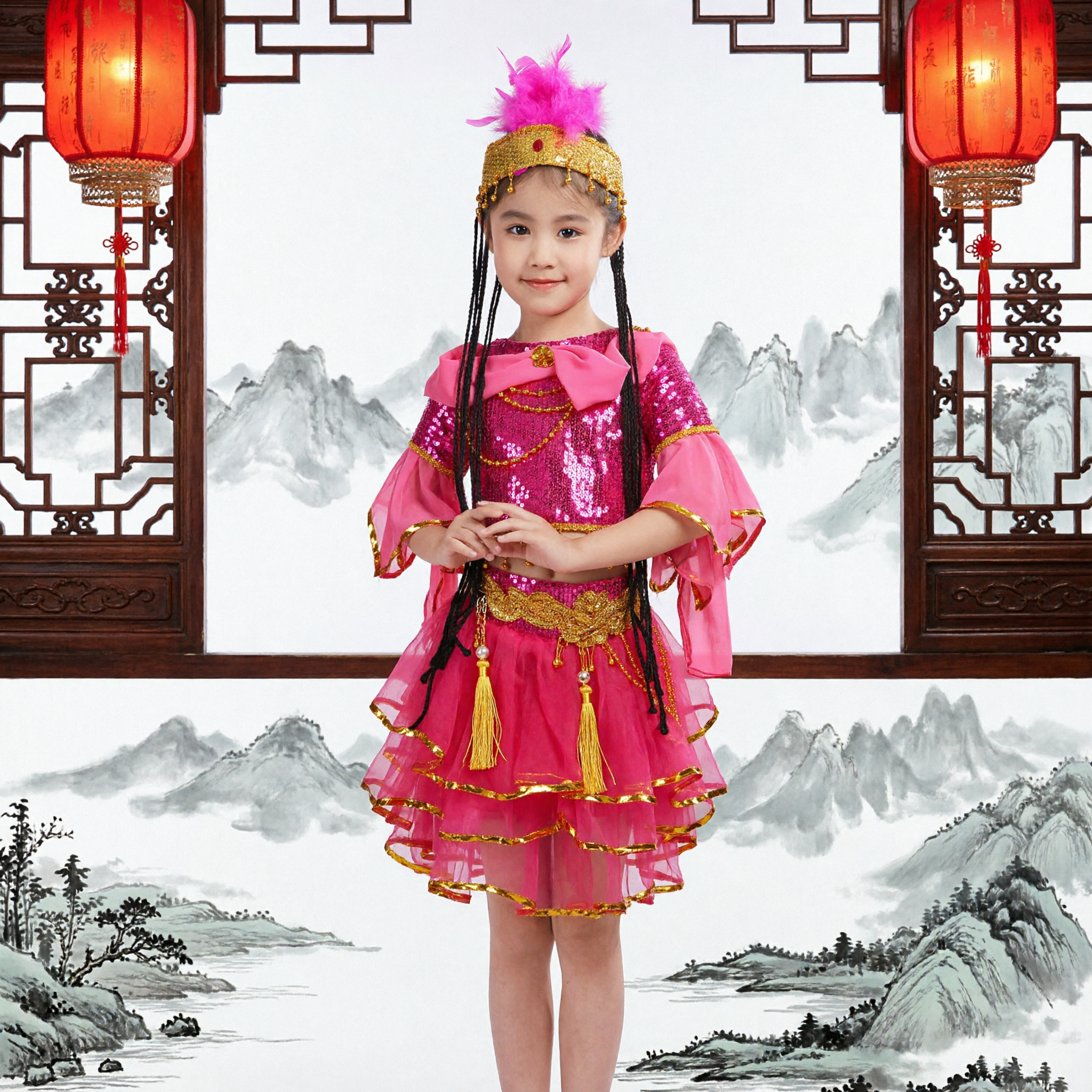 Kids Girls Pink Xinjiang Dance Costume Ethnic Stage Performance Outfit with Feather Hat and Sequins