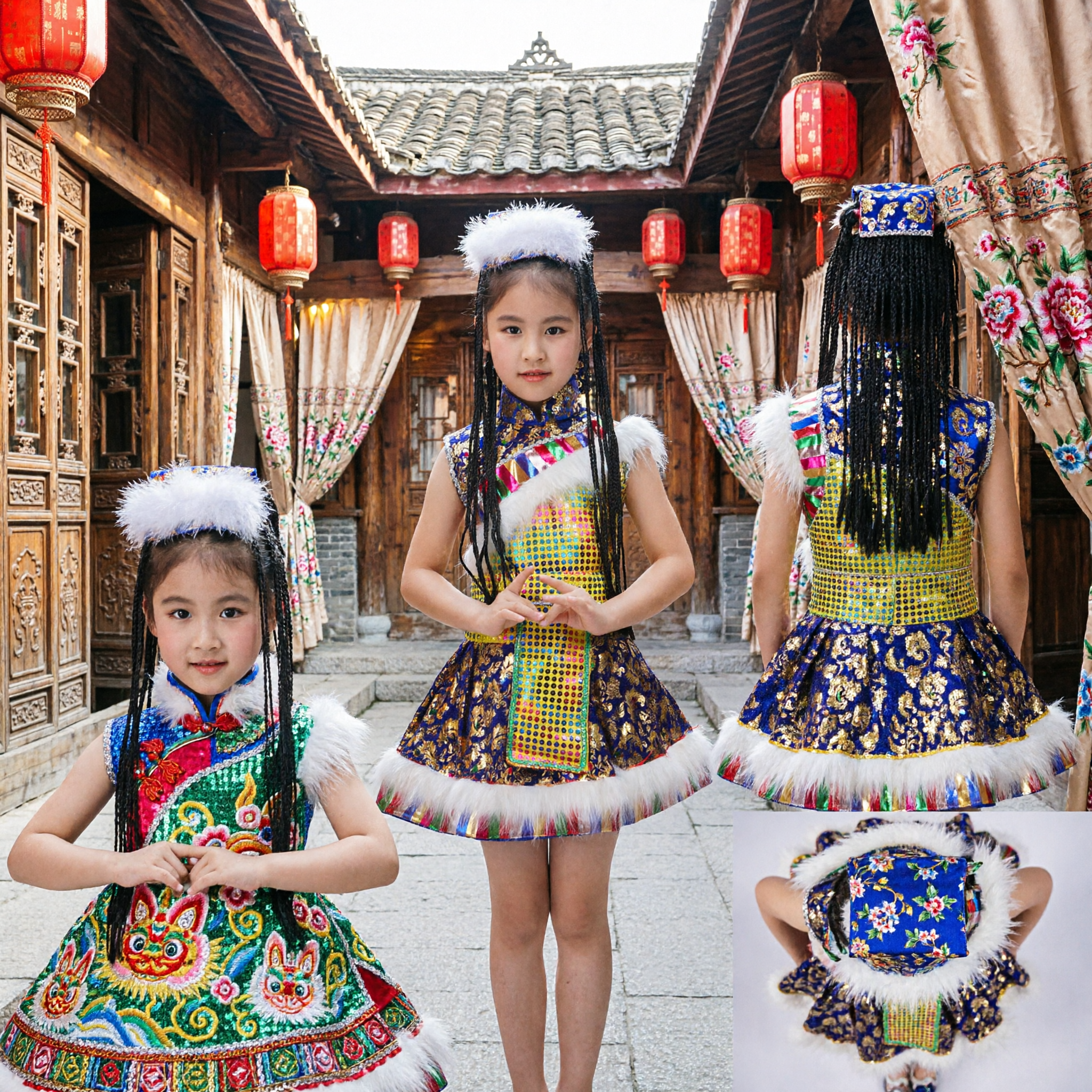 Girls Tibetan Traditional Dance Costume Kids Ethnic Minority Performance Dress with Fur Hat and Braids