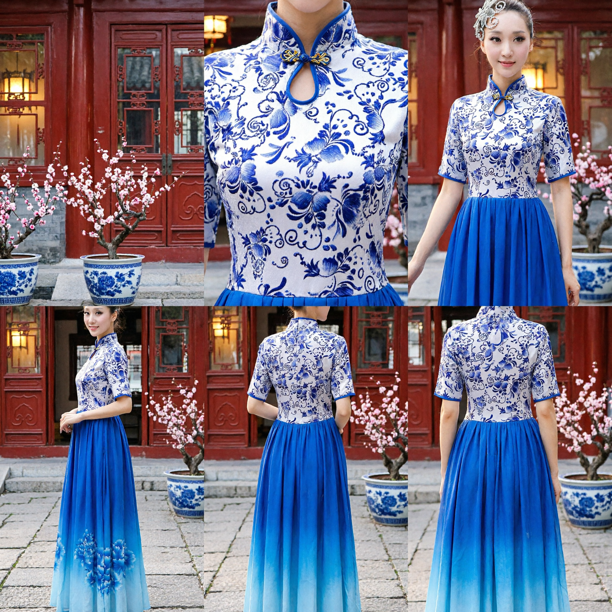 Women's Blue and White Porcelain Chinese Traditional Cheongsam Top and Long Skirt Folk Dance Stage Performance Costume