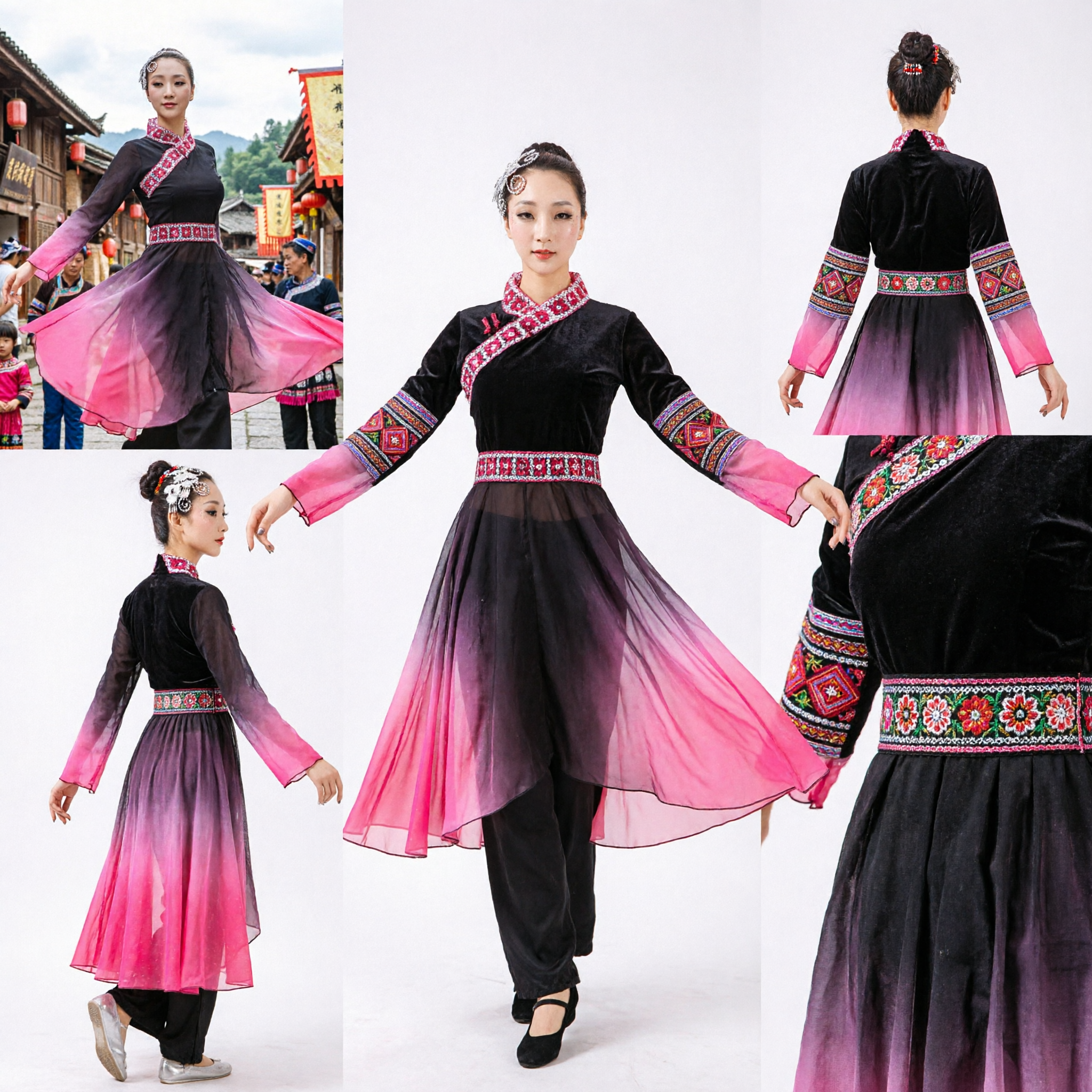 Traditional Chinese Ethnic Dance Costume Women Black and Pink Gradient Sleeve Stage Performance Outfit for Folk Dance