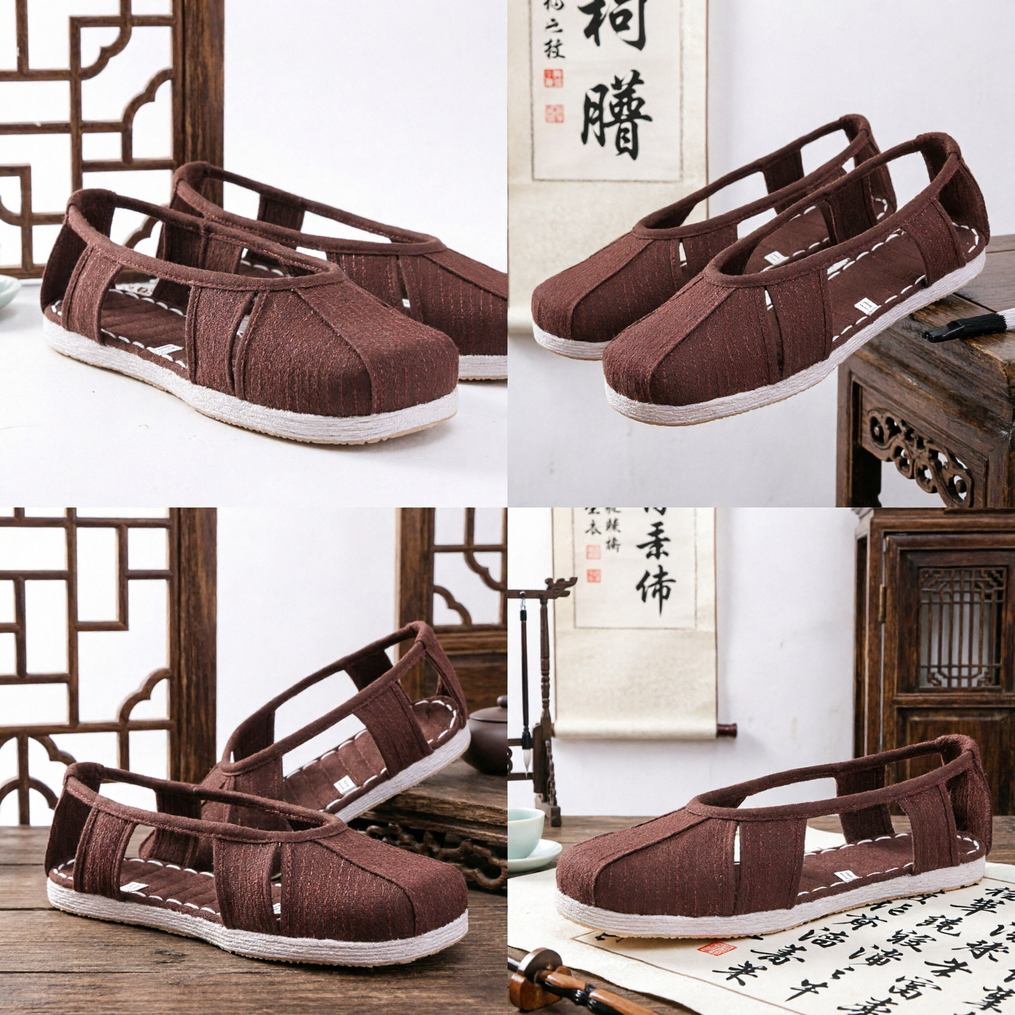 Classic Brown Chinese Cloth Shoes Traditional Handmade Kung Fu Tai Chi Slip-Ons for Casual Daily Walking
