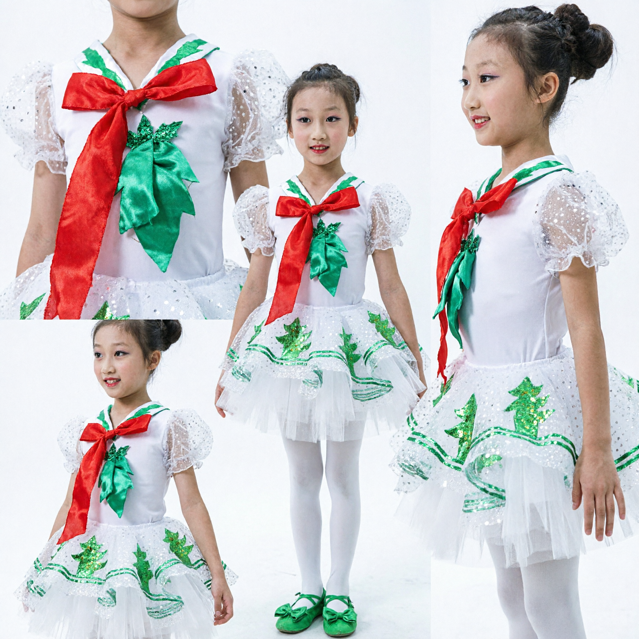 Girls White Pine Tree Dance Costume Tutu Dress with Green Embroidery for Christmas Stage Performance