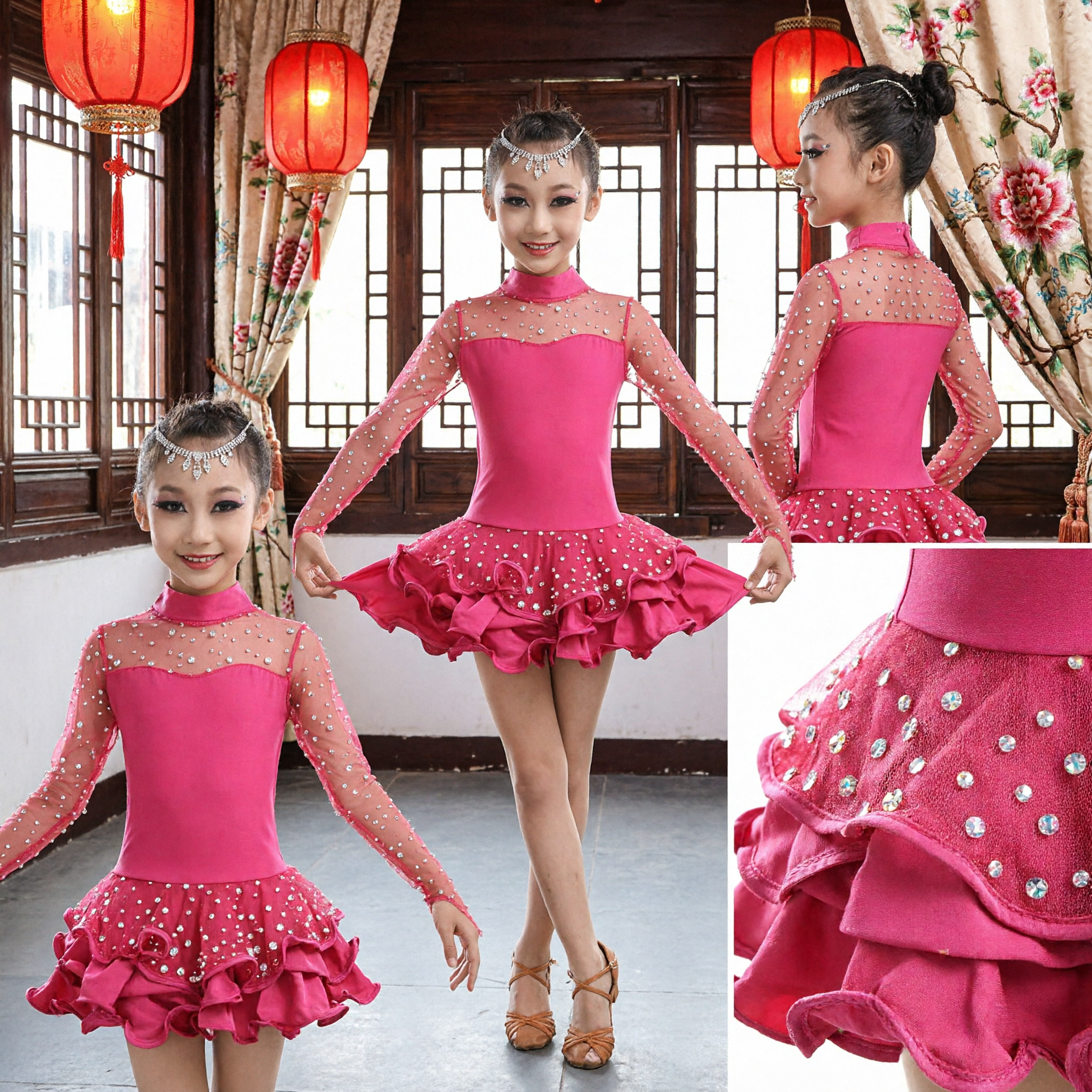 Girls Pink Latin Dance Dress Rhinestone Long Sleeve Ballroom Competition Performance Costume for Kids Stage Show