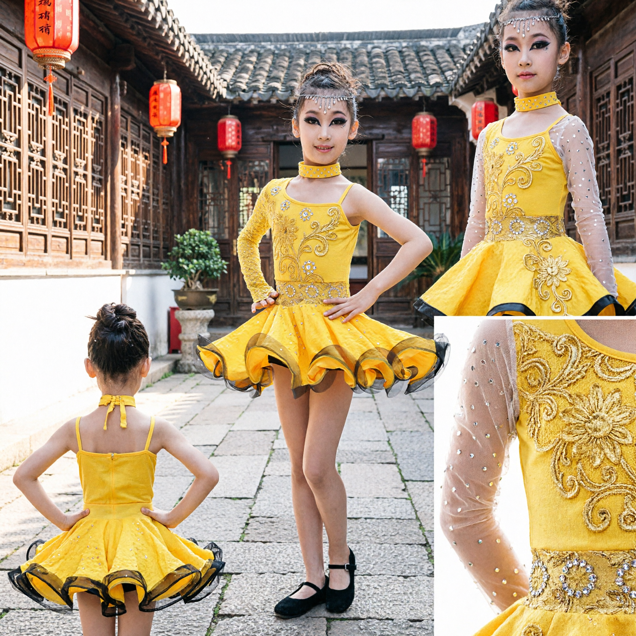 Girls Yellow Latin Dance Dress Sparkly Ballroom Competition Performance Costume for Kids Stage Show