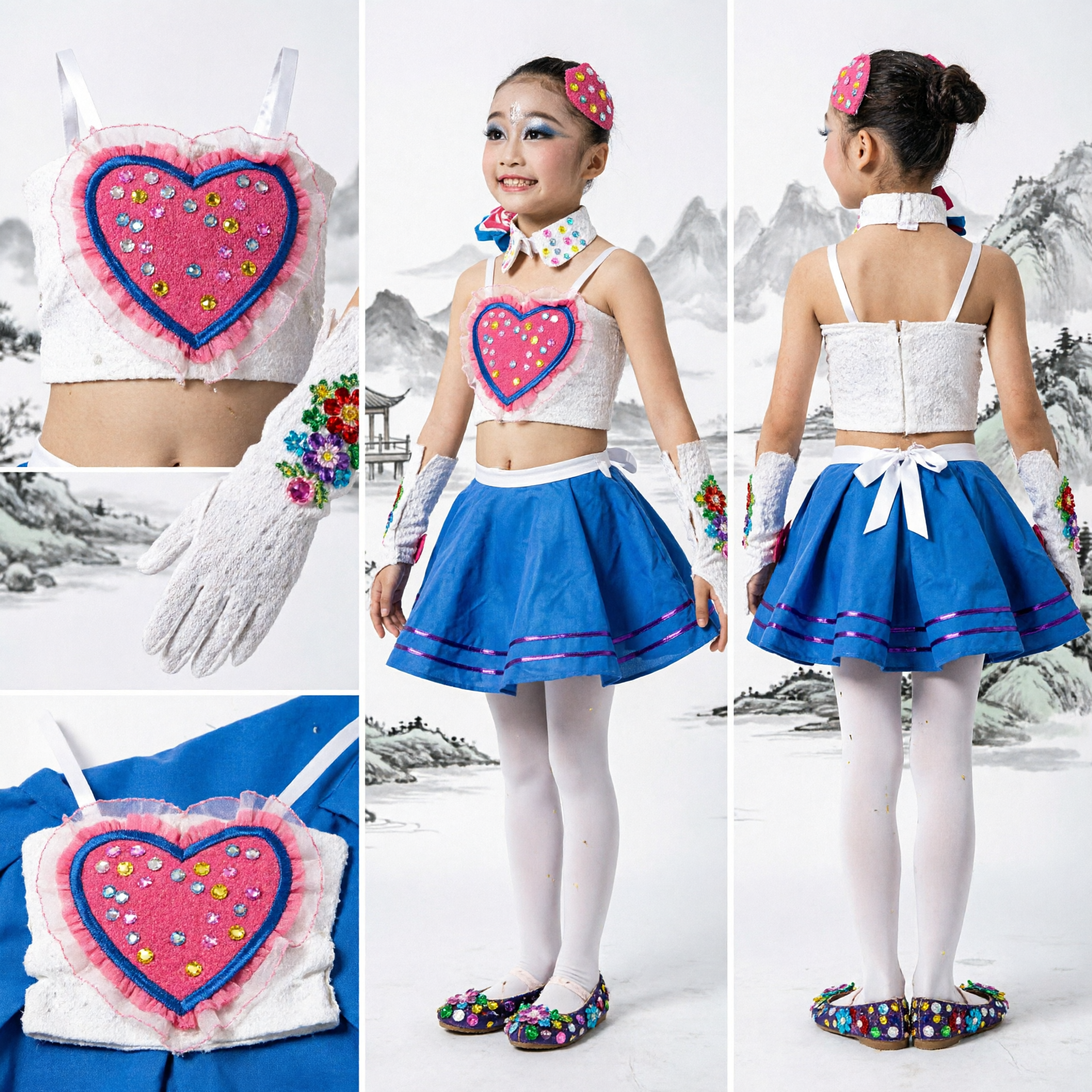 Girls Jazz Dance Costume Blue Tutu Skirt Heart Top Modern Stage Performance Outfit for Kids