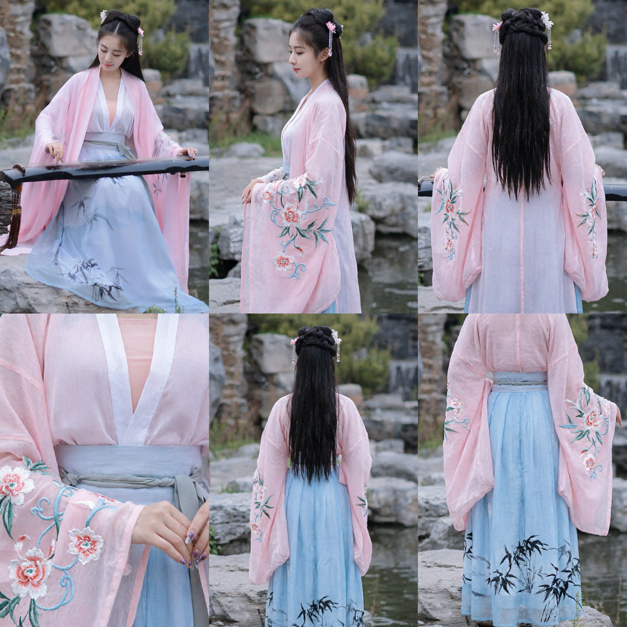 Women's Traditional Chinese Hanfu Dress Pink Sheer Robe Blue Bamboo Skirt Ancient Costume Complete Set
