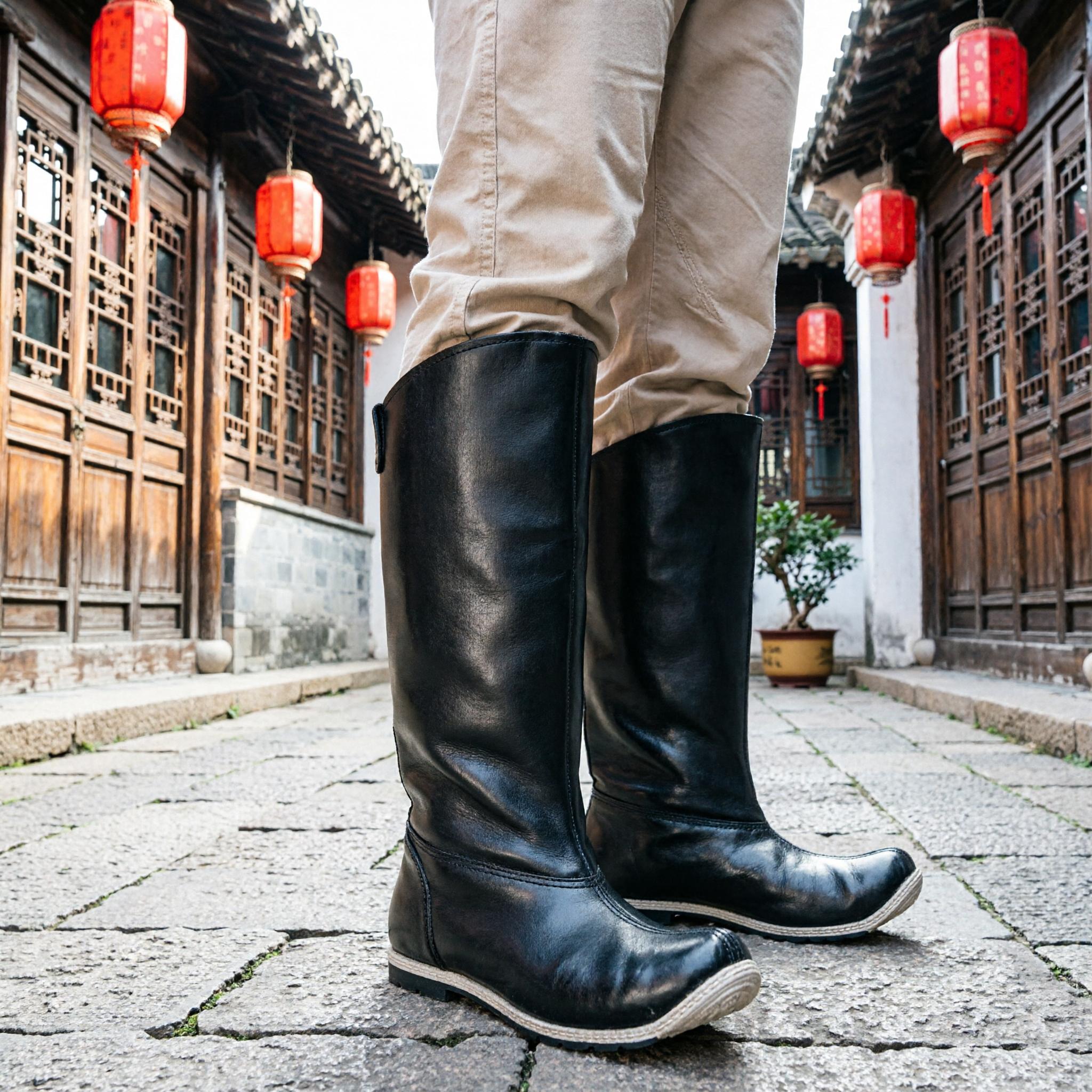 Men's Traditional Chinese Black Leather Boots Kung Fu Martial Arts Cosplay Historical Costume Footwear