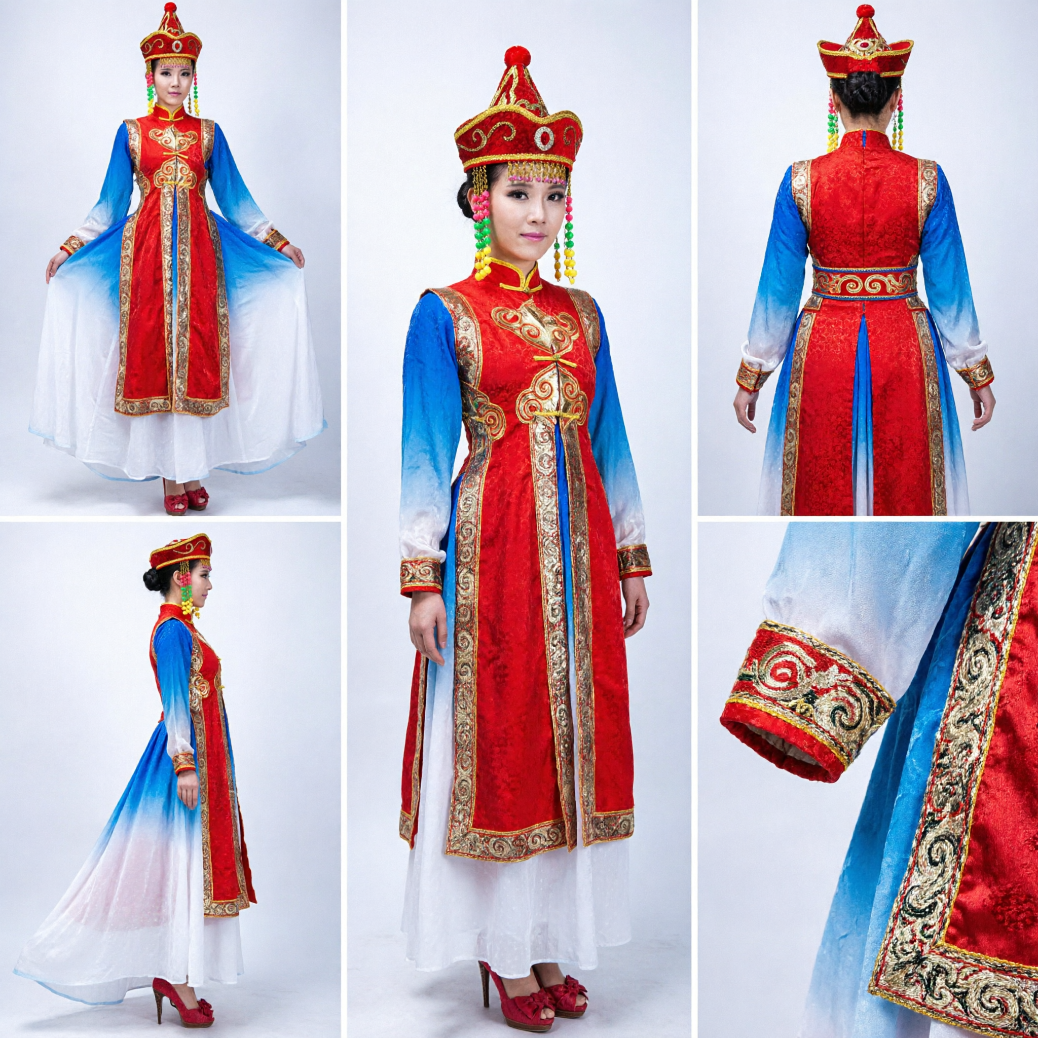 Women's Mongolian Traditional Dance Costume Red Embroidered Robe with Blue Gradient Sleeves Ethnic Stage Performance Dress