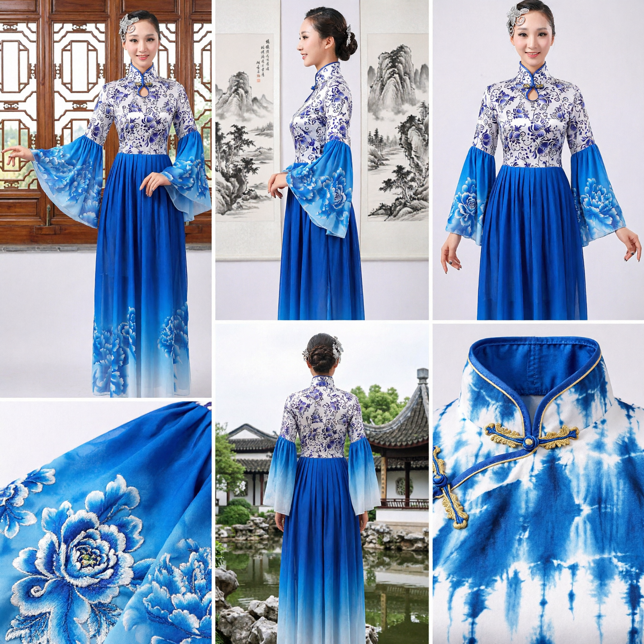 Women's Chinese Traditional Folk Dance Costume Blue Floral Water Sleeve Dress Stage Performance Outfit Long Skirt