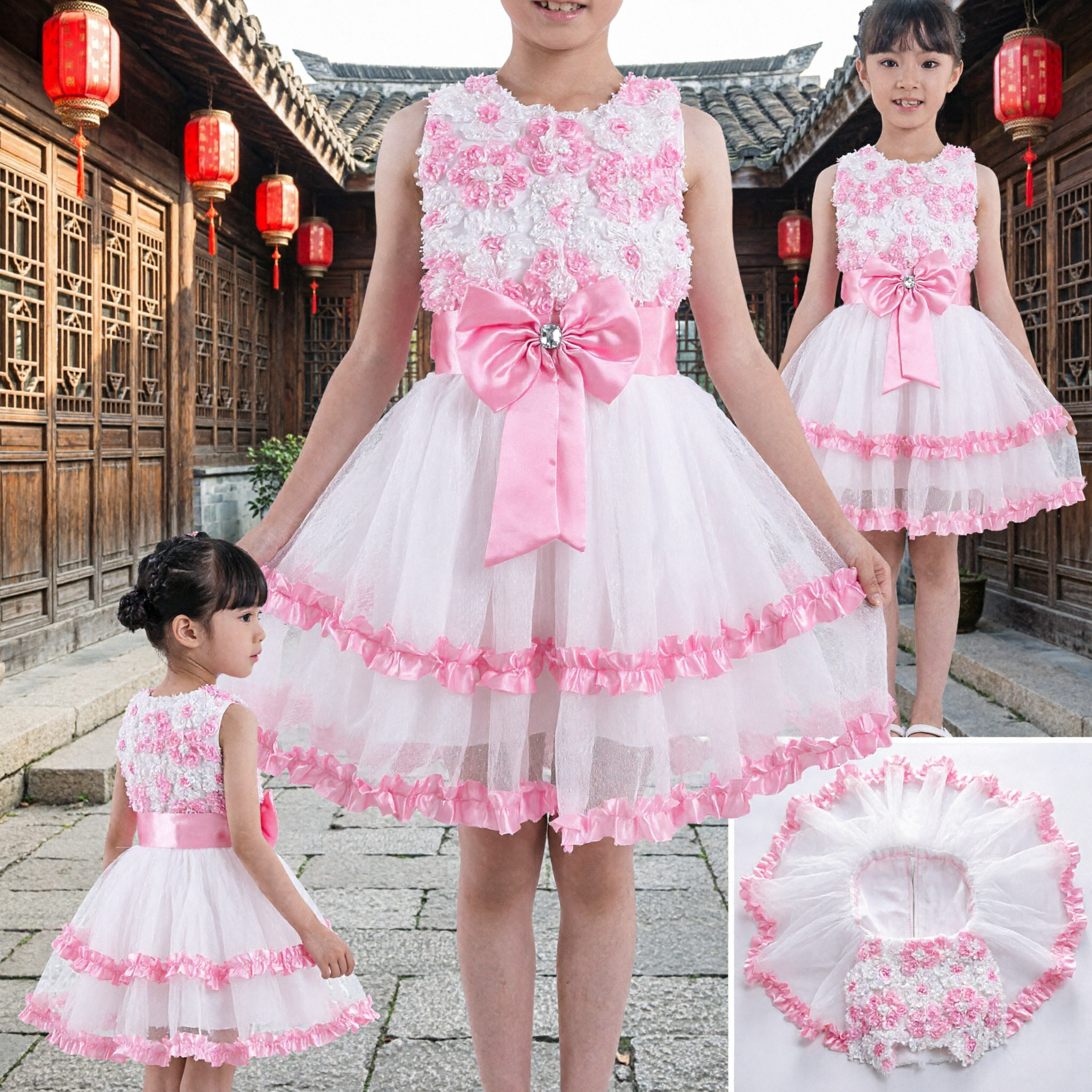 Elegant Pink and White Flower Girl Dress with 3D Rosette Bodice and Tulle Skirt for Weddings