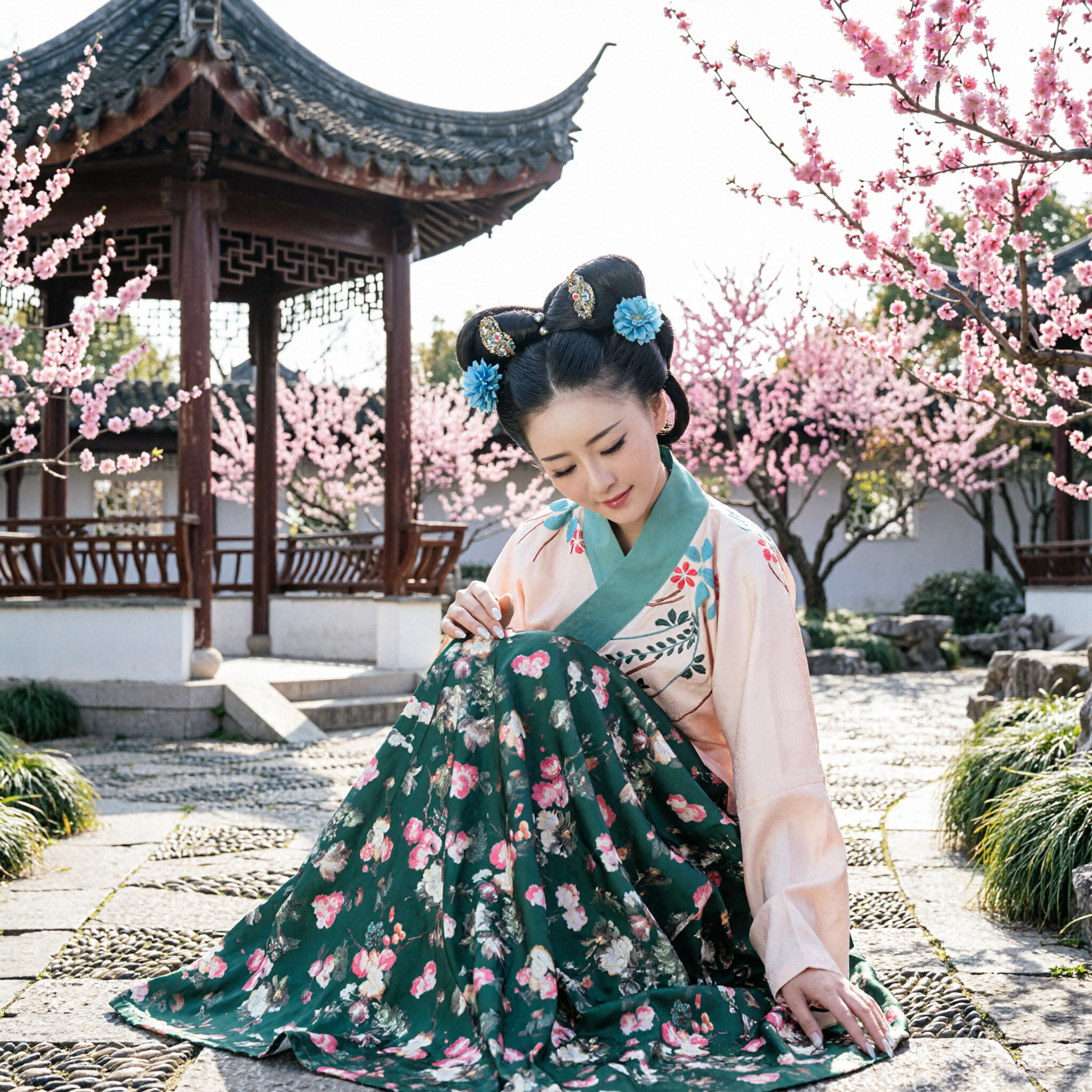 Women's Traditional Chinese Hanfu Tang Dynasty Green Floral Ruqun Skirt Set Ancient Costume for Performance