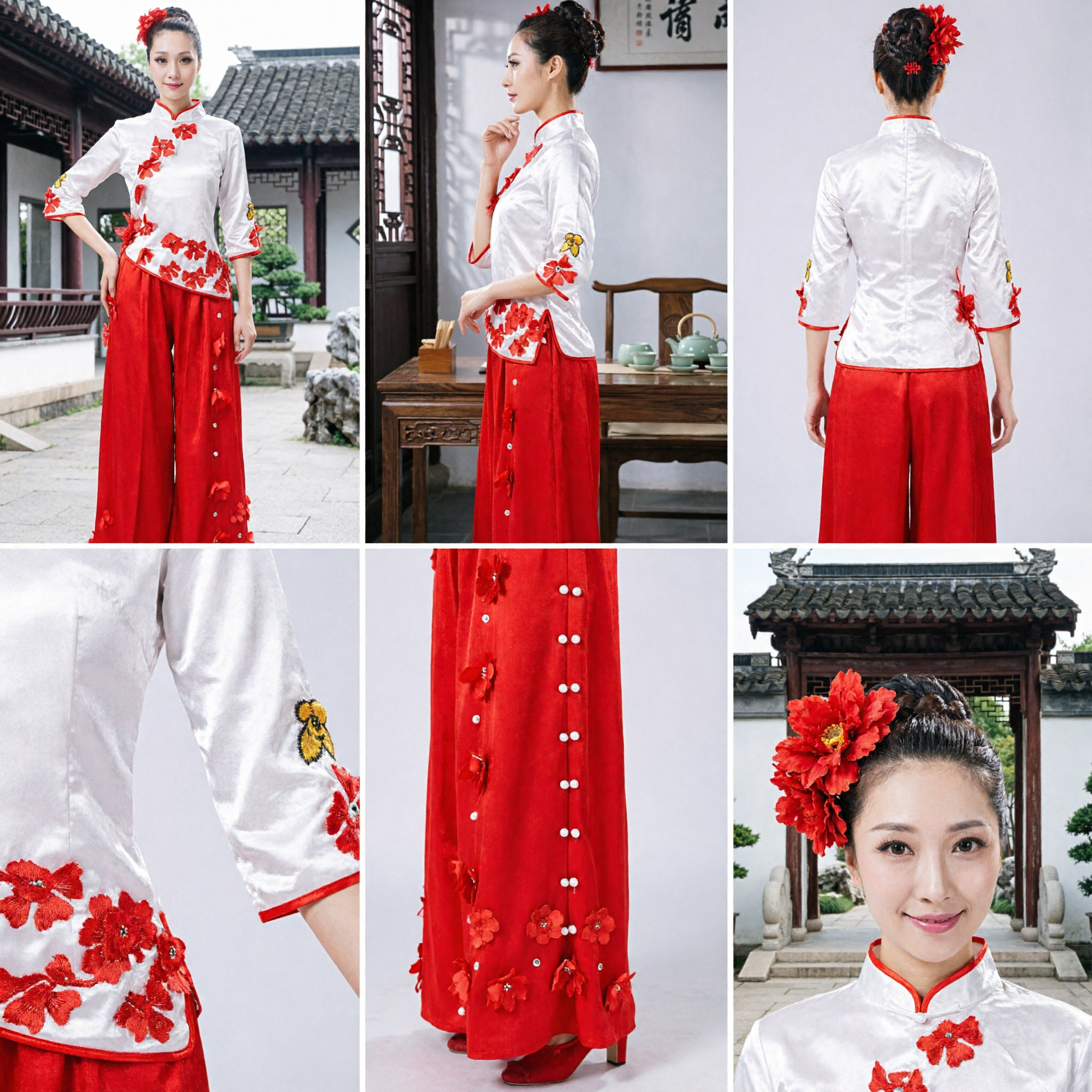 Women's Traditional Chinese Yangge Dance Costume Red and White Floral Fan Dance Suit Stage Performance Outfit