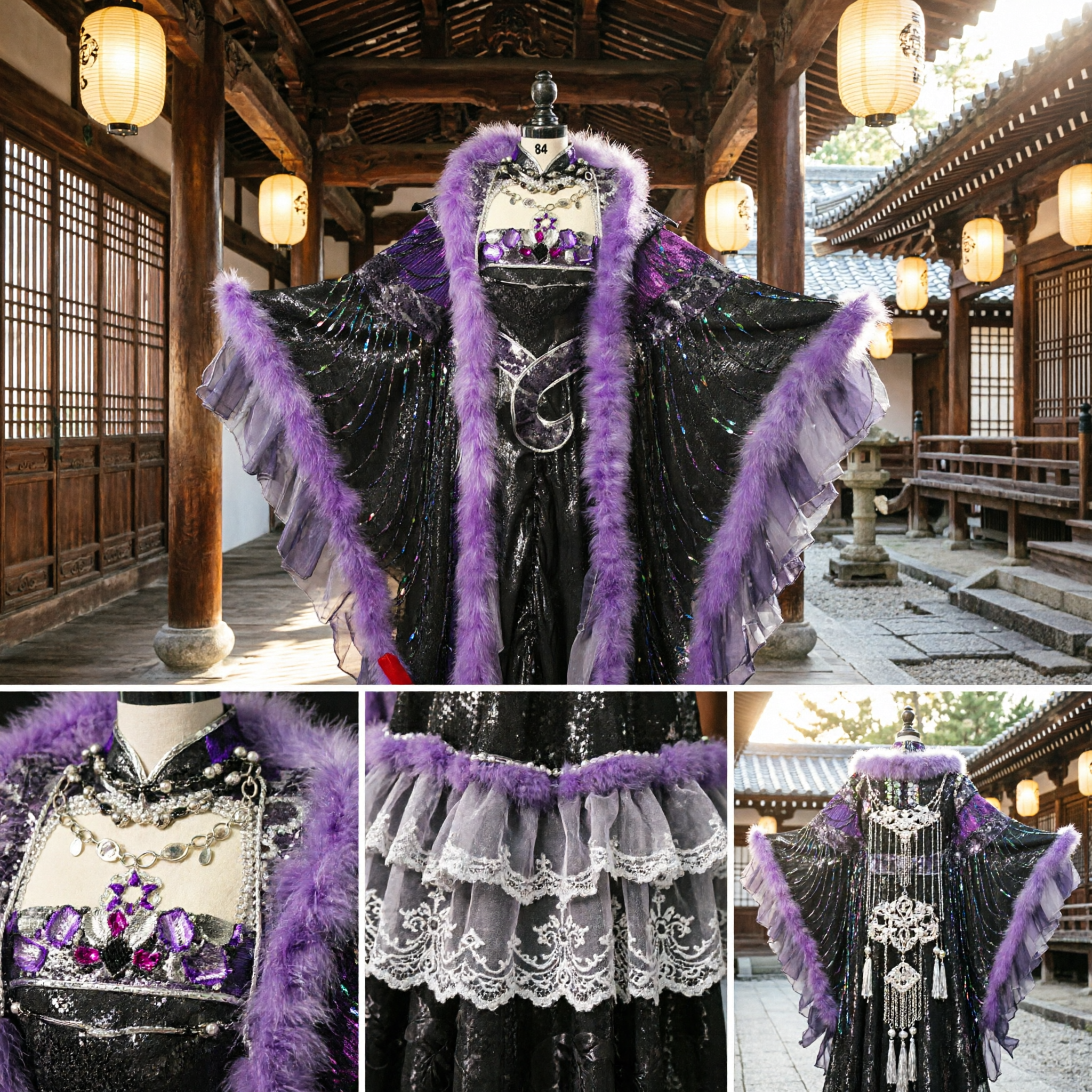 Dramatic Black and Purple Sequin Cape Costume with Faux Fur Trim for Stage Dance Performance