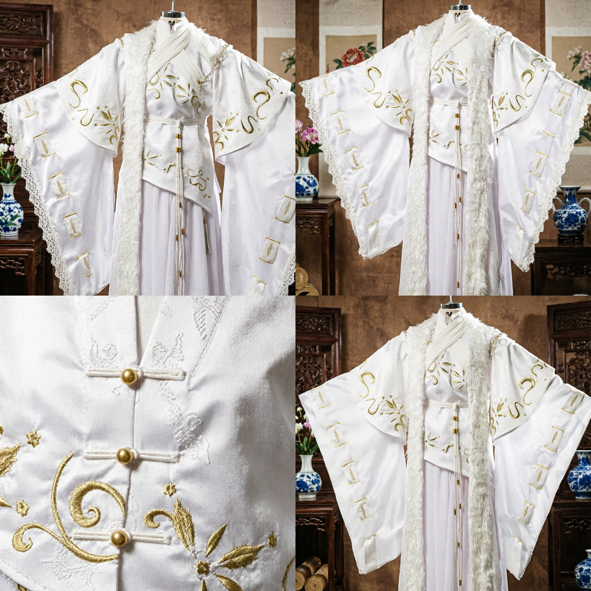 Elegant White Ancient Chinese Hanfu Robe with Gold Embroidery and Fur Trim for Cosplay Performance