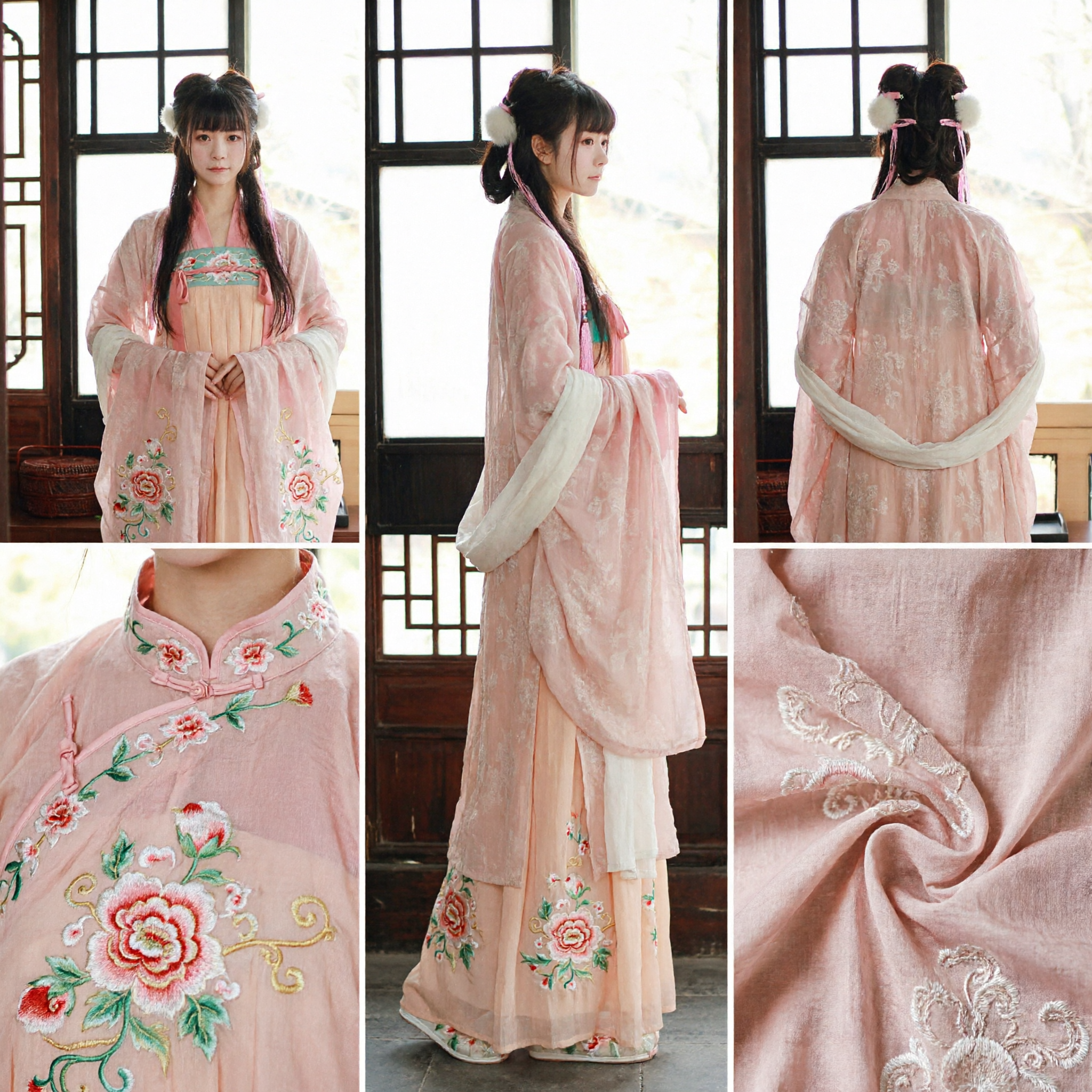 Traditional Chinese Hanfu Pink Floral Daxiushan Ancient Costume Wide Sleeve Robe for Women Photography