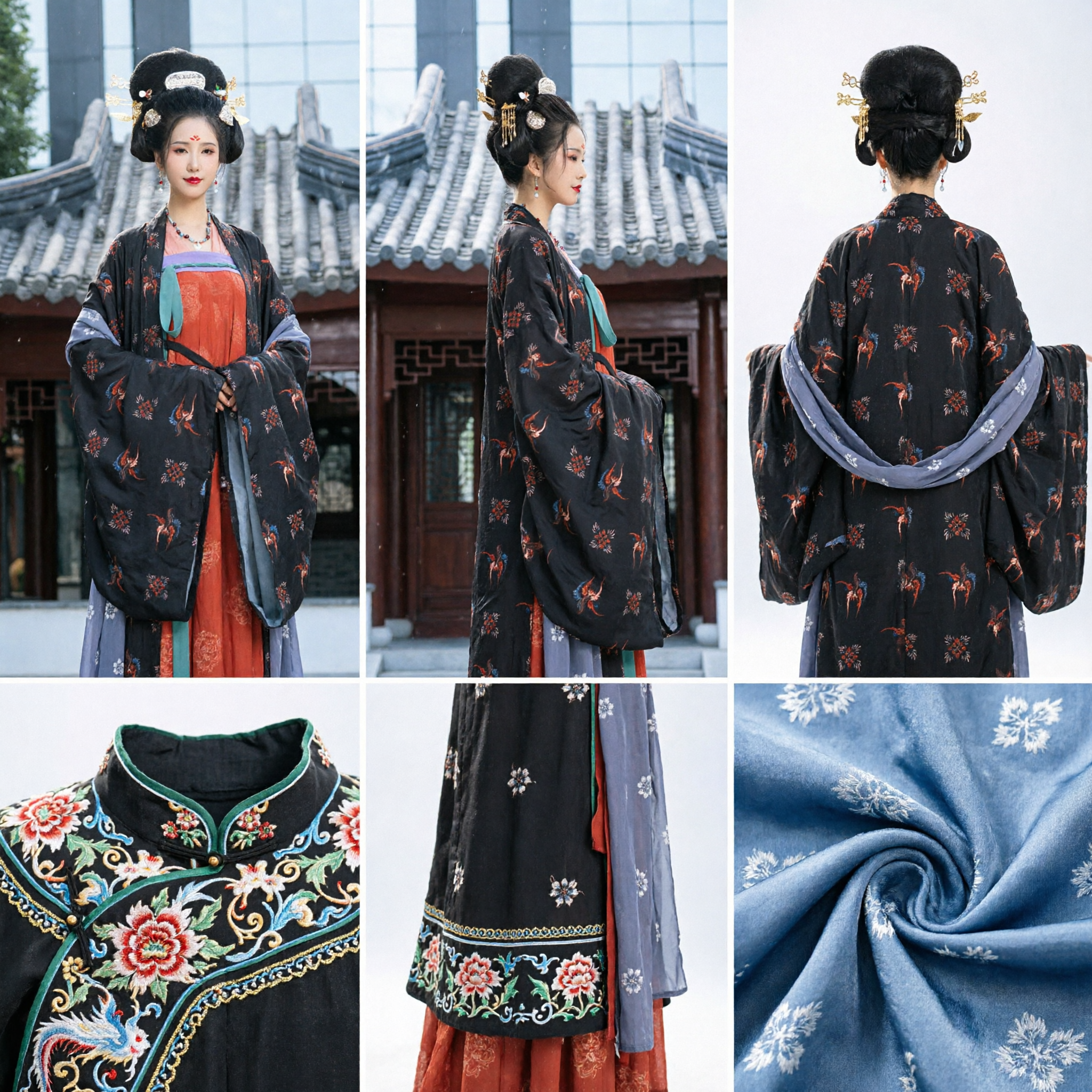 Elegant Traditional Chinese Tang Dynasty Hanfu Costume for Women Black Crane Pattern Dress for Photography and Cosplay