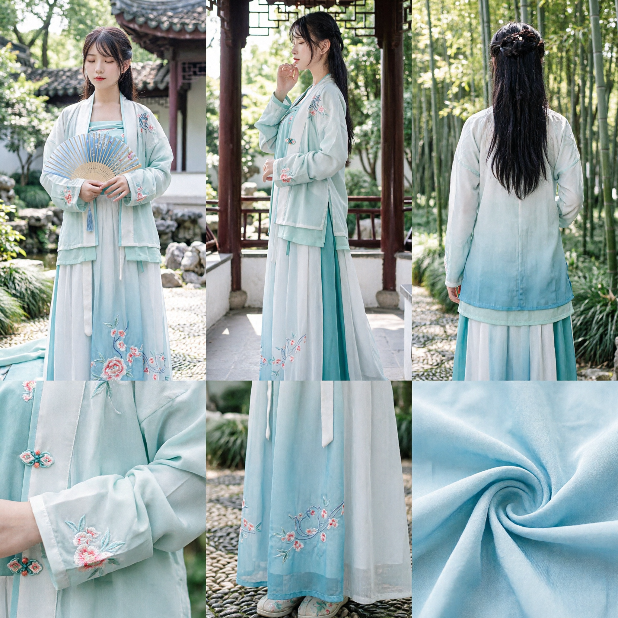 Elegant Light Blue Hanfu Traditional Chinese Clothing Ancient Embroidered Beizi Jacket and Skirt Set for Women