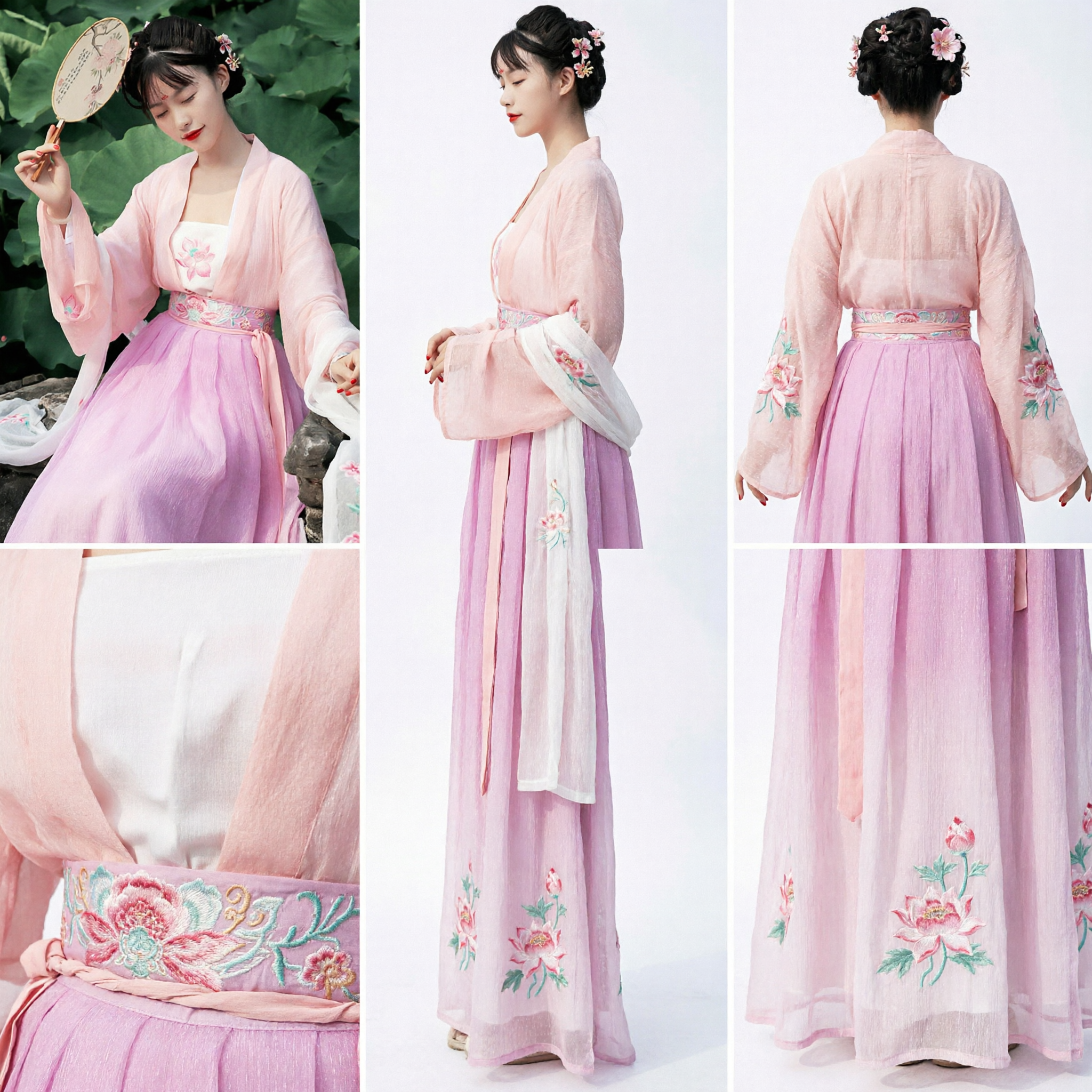 Pink Embroidered Hanfu Traditional Chinese Costume Ancient Tang Dynasty Dress for Women Summer Photography