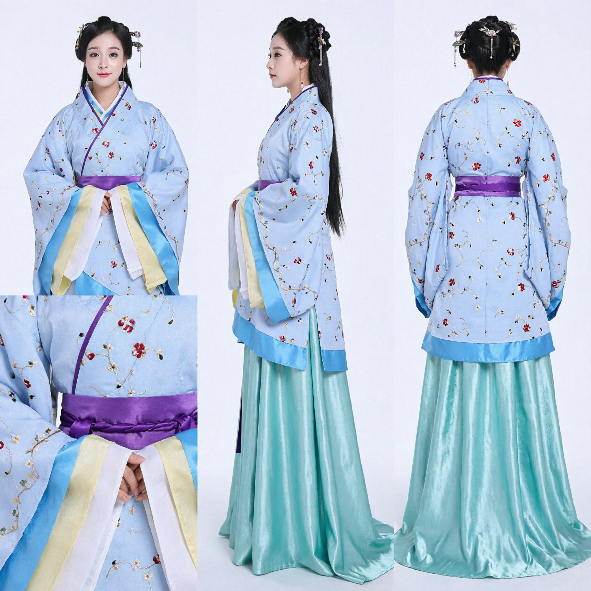Elegant Light Blue Hanfu Traditional Chinese Costume Women Ancient Floral Embroidery Dress for Performance and Cosplay