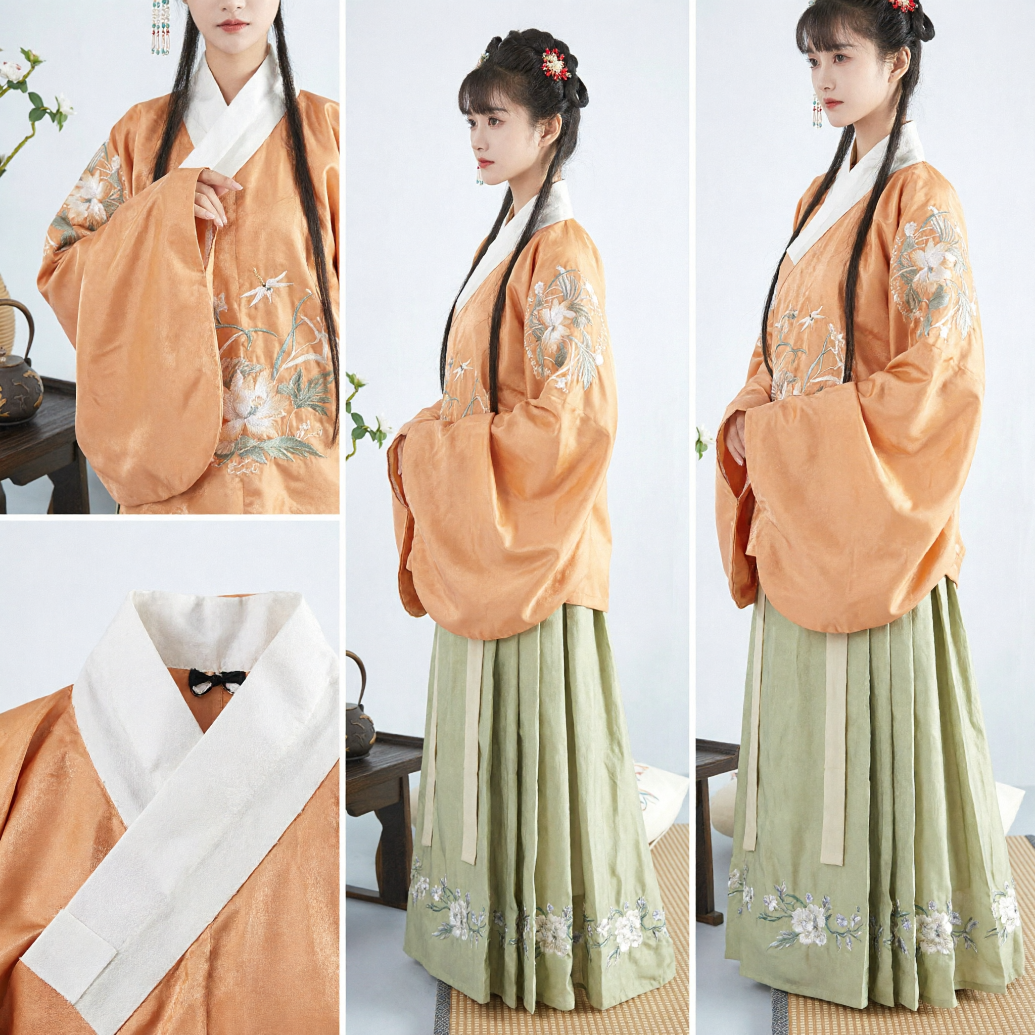 Traditional Chinese Hanfu Ancient Costume Women's Elegant Embroidered Cross Collar Top and Skirt Set for Tea Ceremony