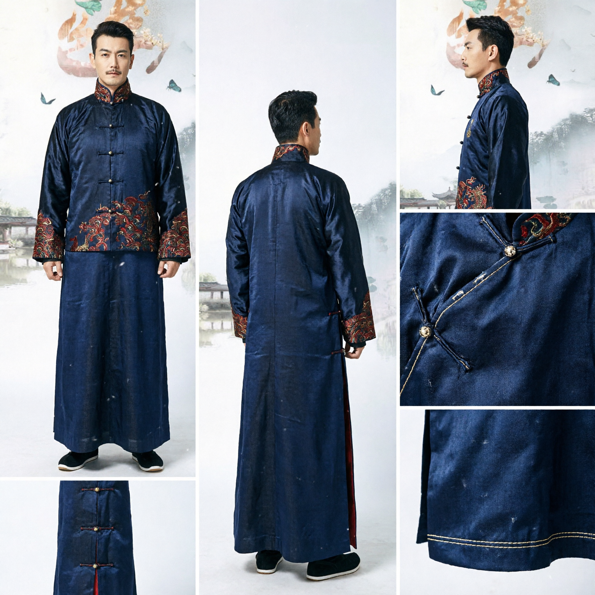 Men's Traditional Chinese Changshan Silk Robe Republican Era Style Embroidered Cuffs Mandarin Collar Formal Costume