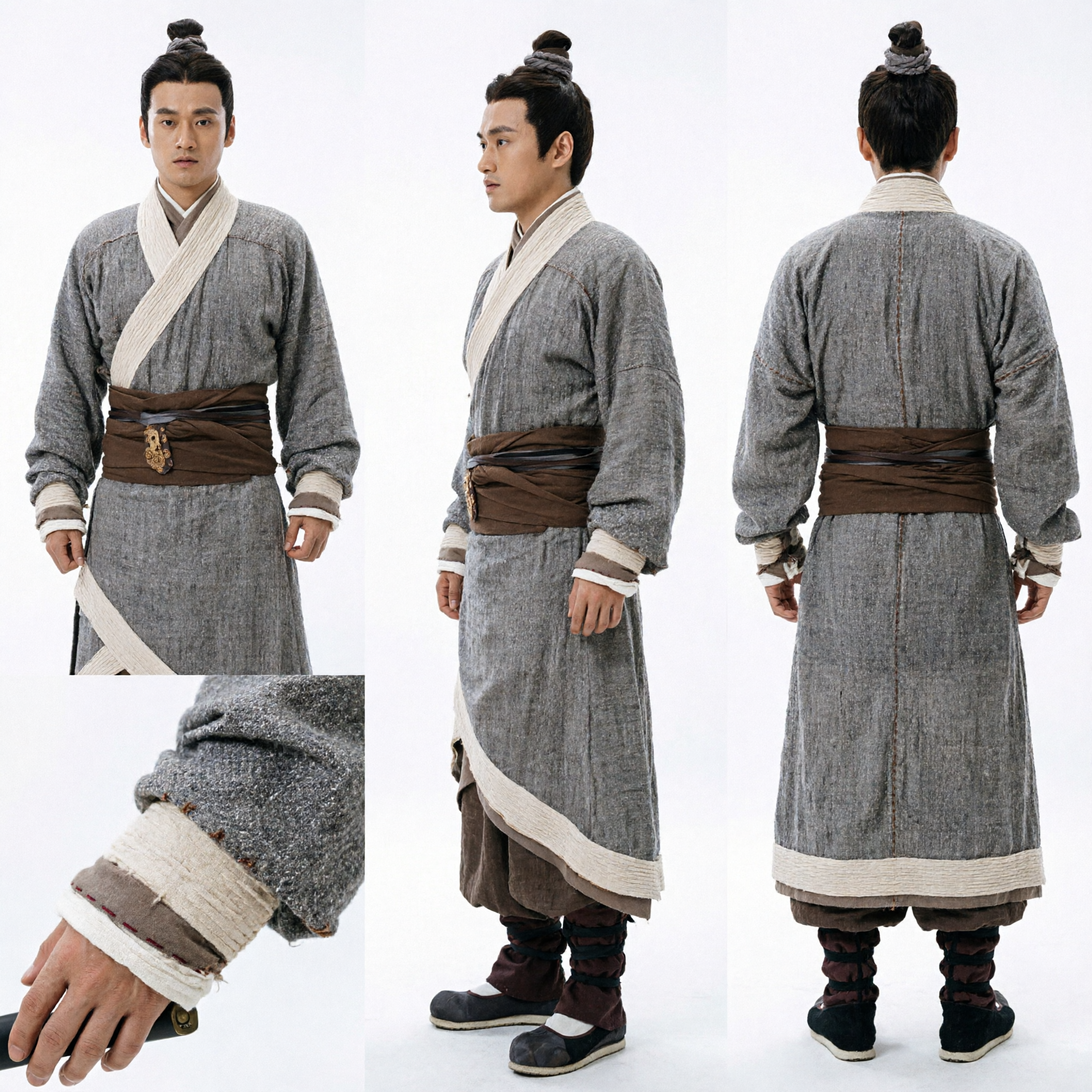 Traditional Chinese Ancient Swordsman Costume Men's Grey Linen Hanfu Robe Martial Arts Wuxia Clothing Set for Cosplay