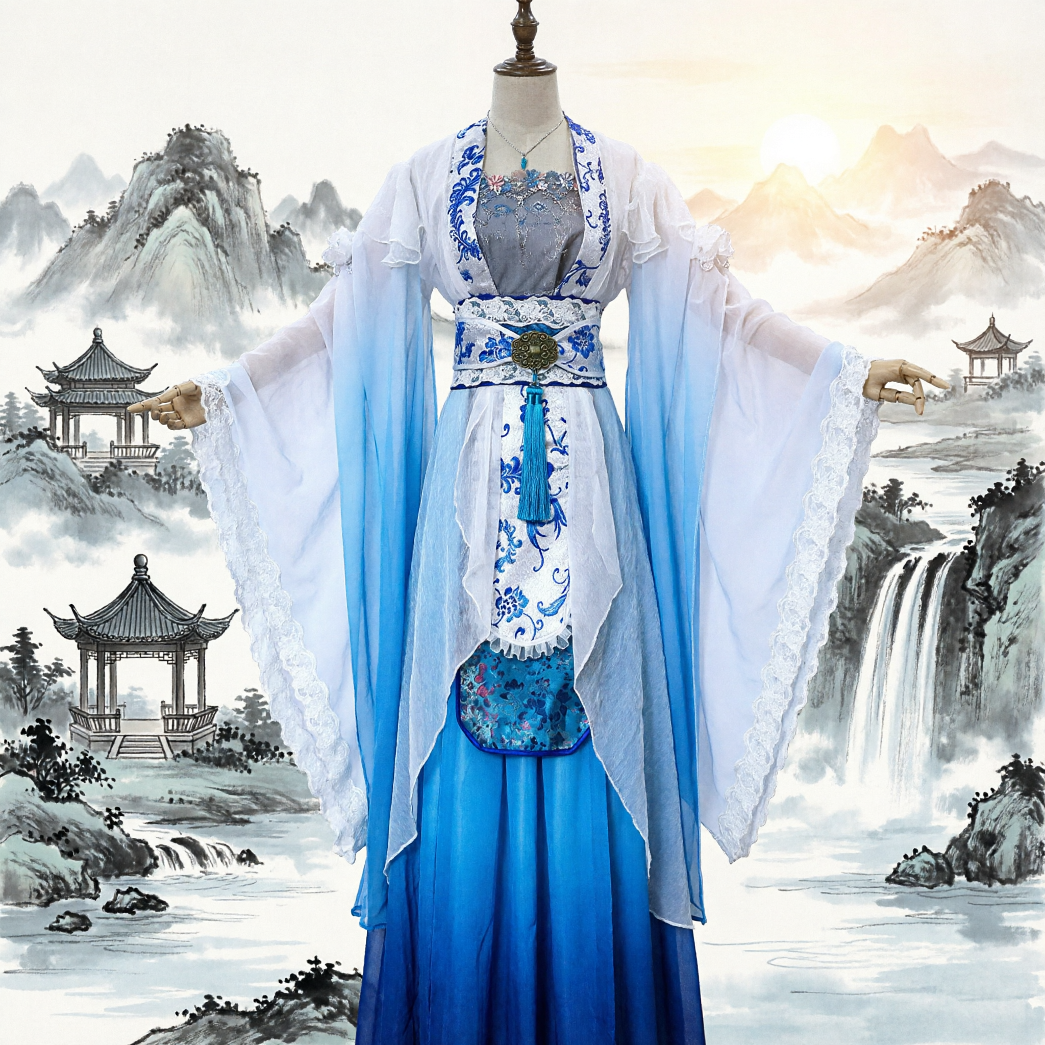 Traditional Chinese Hanfu Blue and White Gradient Embroidered Fairy Dress Tang Dynasty Style Costume for Women