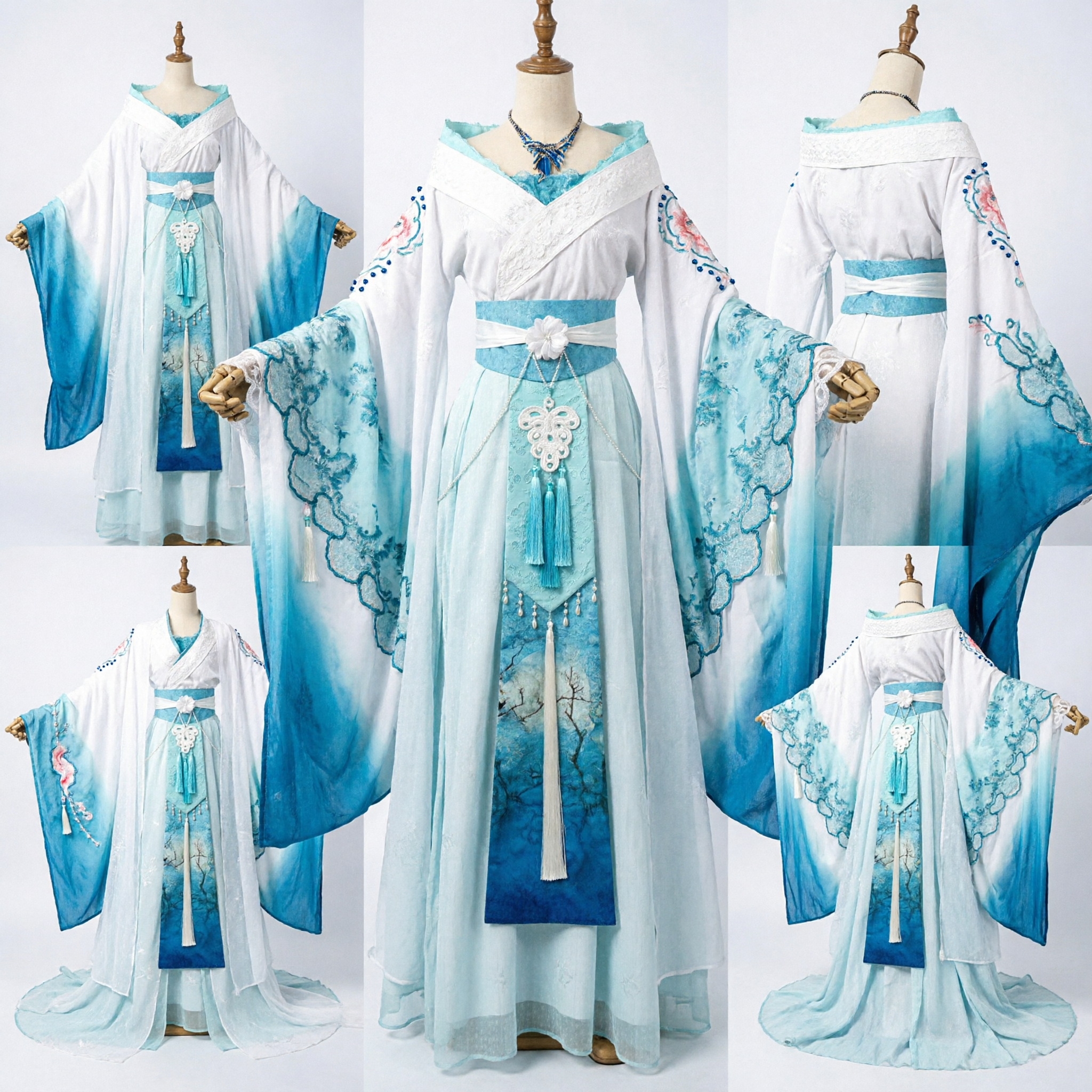 Elegant Blue and White Ombre Hanfu Traditional Chinese Ancient Costume Fairy Dress for Women Cosplay