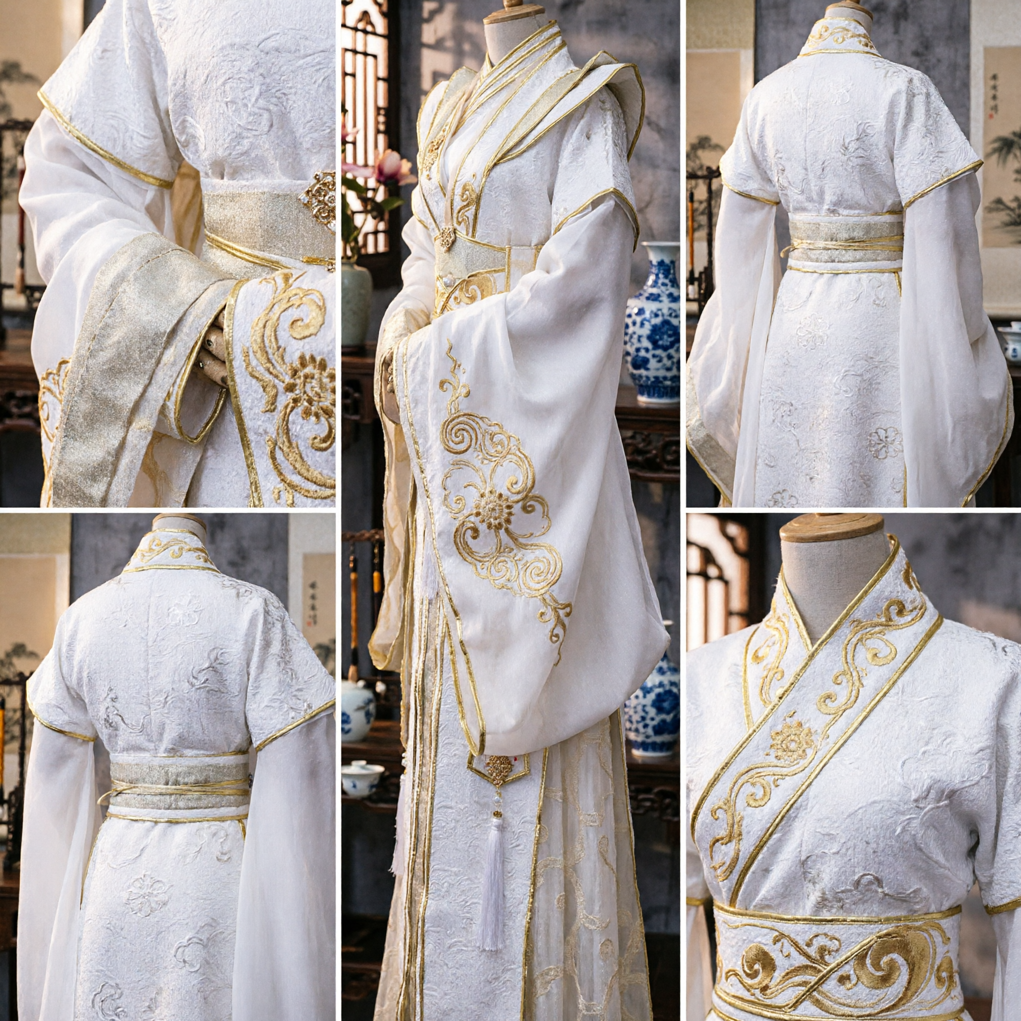 Traditional Chinese Hanfu Costume White and Gold Ancient Nobleman Robe for Men Cosplay Performance