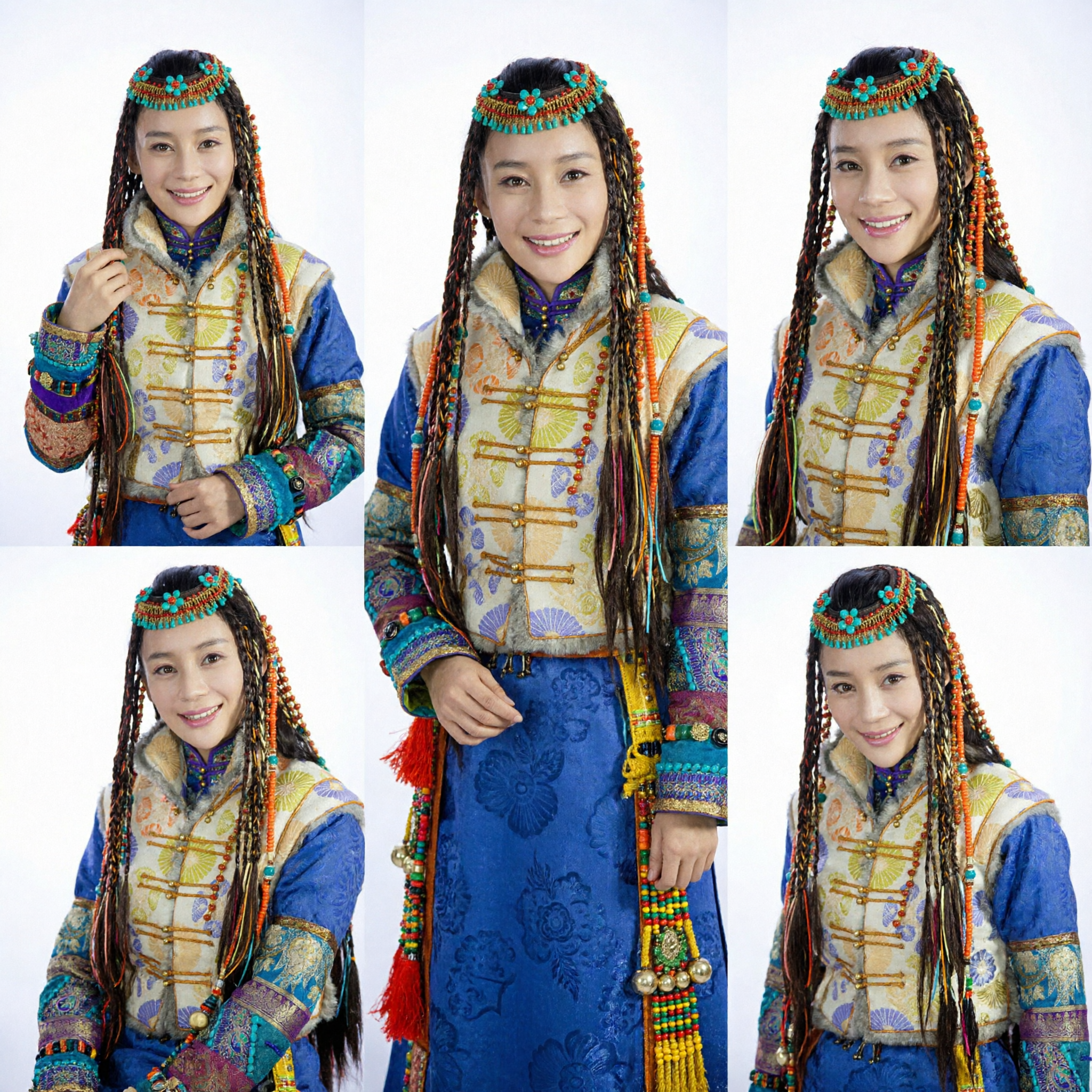 Traditional Chinese Tibetan Ethnic Costume for Women with Beaded Headdress and Embroidered Fur Vest for Cultural Performance