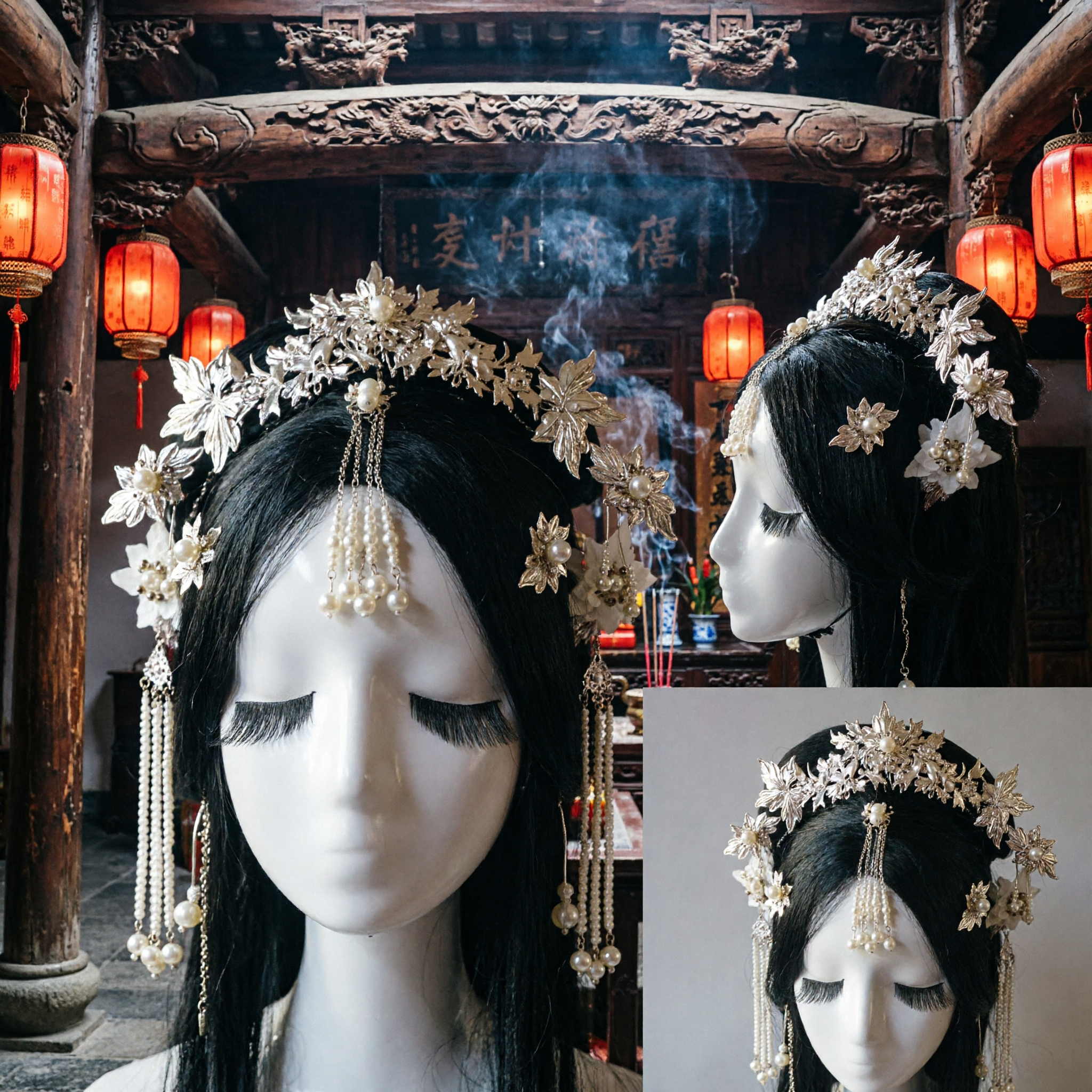 Traditional Chinese Gold Leaf Pearl Crown Hair Accessories Ancient Hanfu Bridal Wedding Headpiece for Women