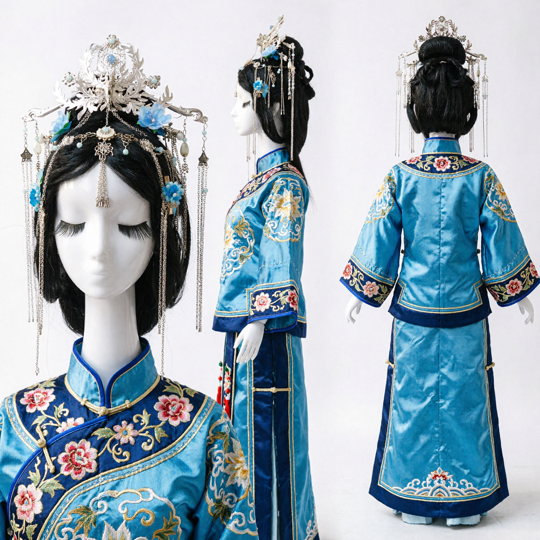 Traditional Chinese Phoenix Crown Hair Accessories Blue Floral Hanfu Headpiece Ancient Costume Jewelry for Women