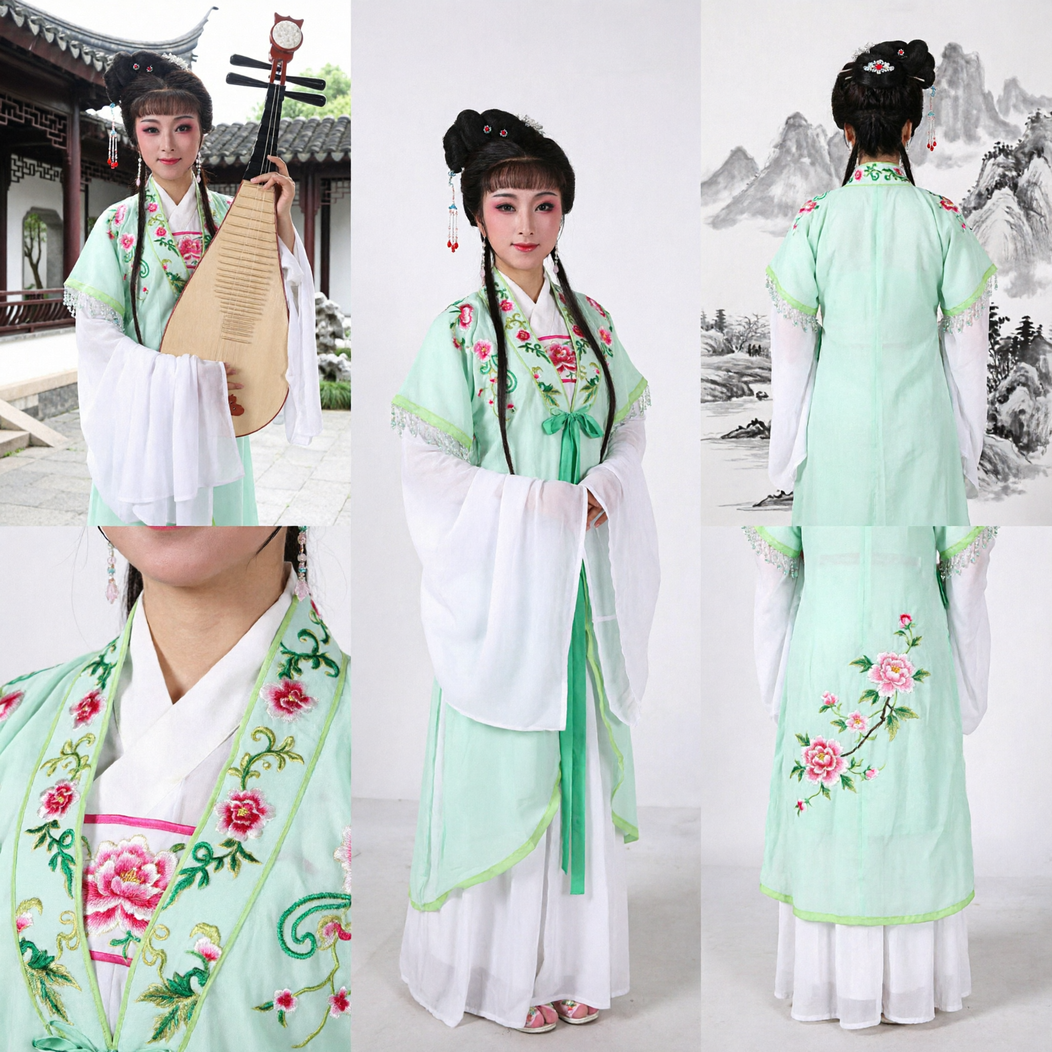 Traditional Chinese Opera Costume Ancient Green Hanfu Dress with Floral Embroidery for Women Stage Performance
