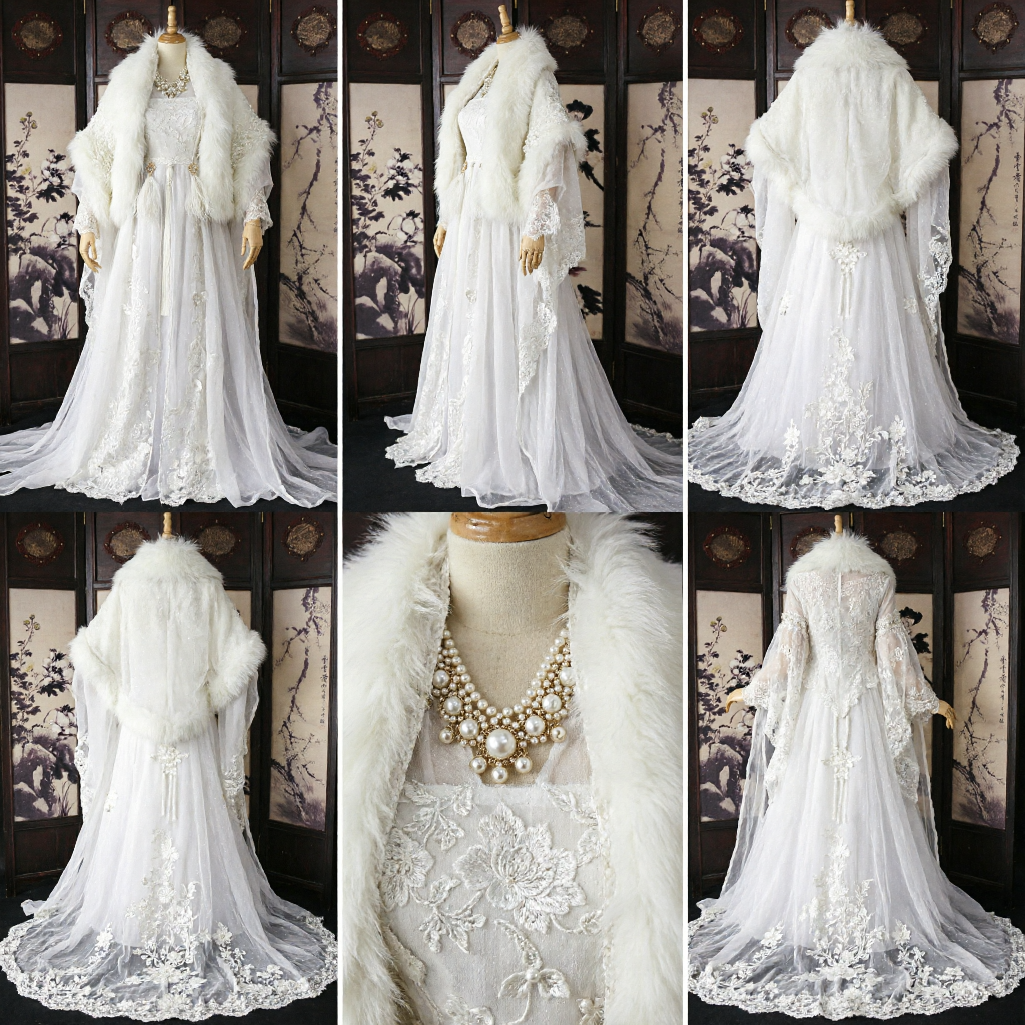 Elegant White Traditional Chinese Hanfu Dress with Fur Cloak Ancient Princess Winter Costume for Women