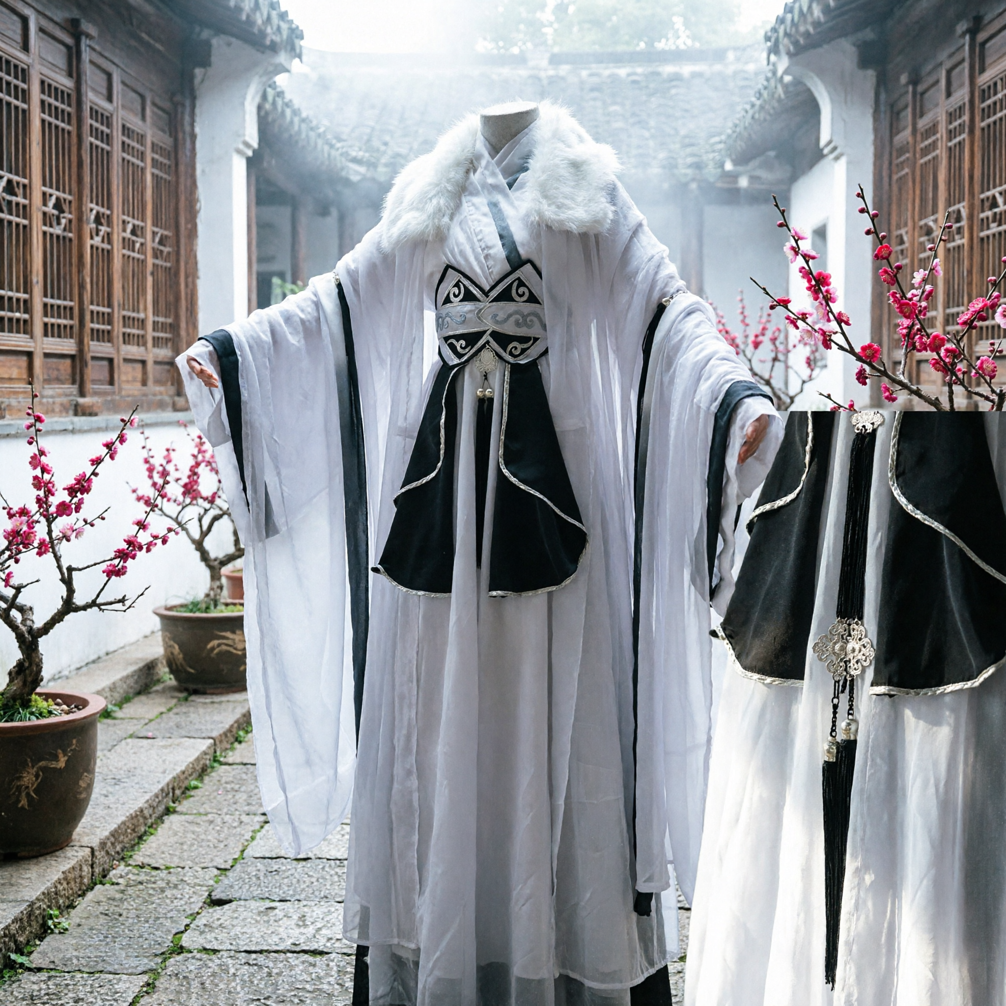 Men's Traditional Chinese Hanfu White Wide Sleeve Robe with Fur Collar Ancient Scholar Cosplay Costume