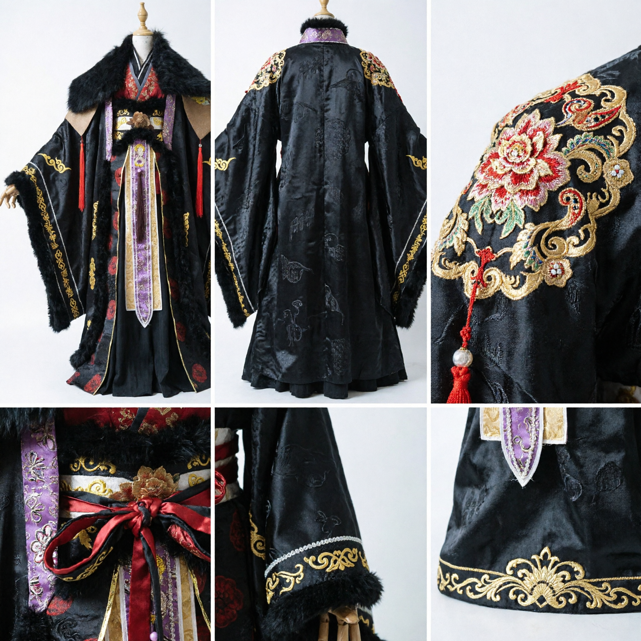 Traditional Ancient Chinese Black Hanfu Costume with Fur Collar and Gold Embroidery for Men Cosplay