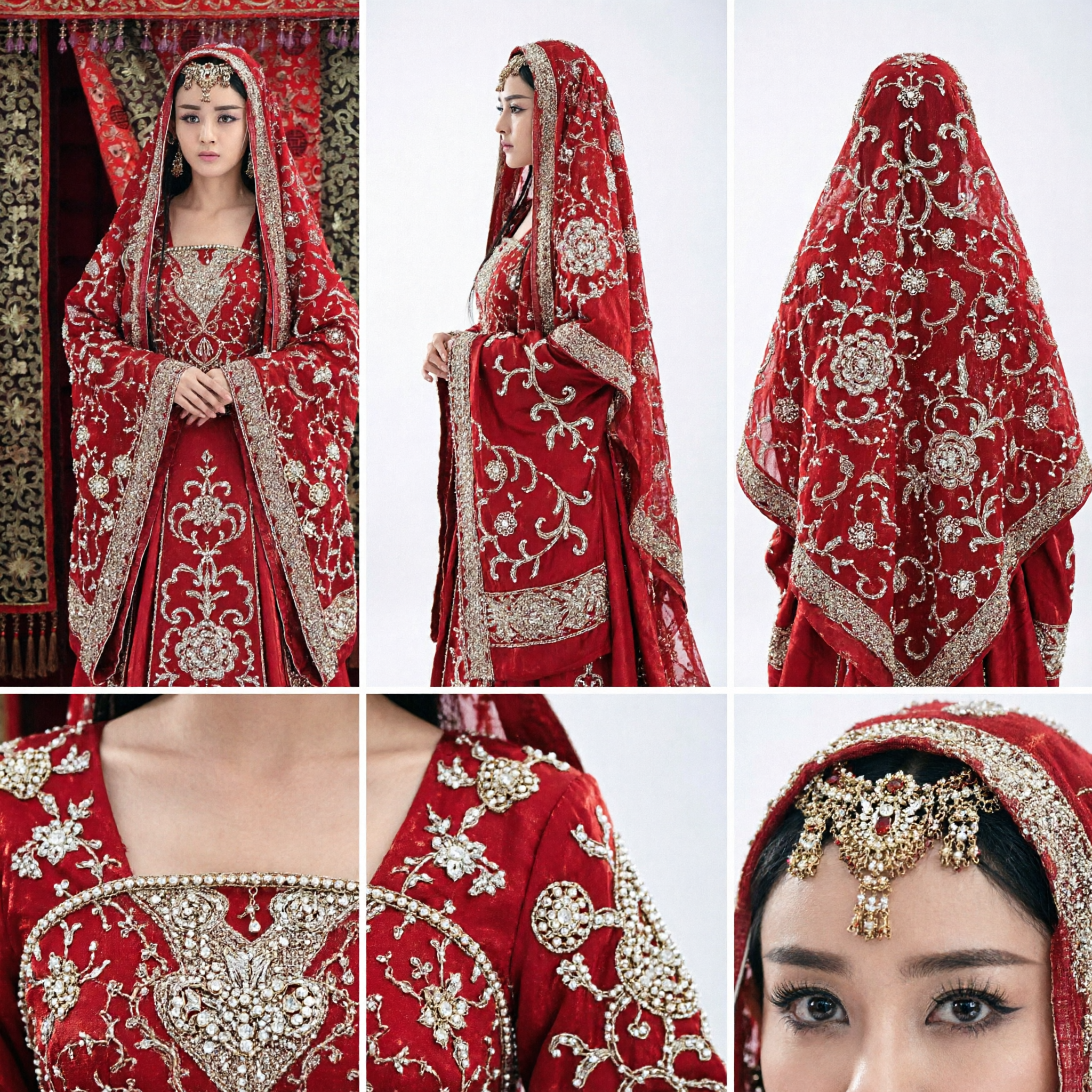 Ancient Chinese Red Wedding Hanfu Costume with Embroidered Veil and Headpiece for Women Historical Drama Cosplay