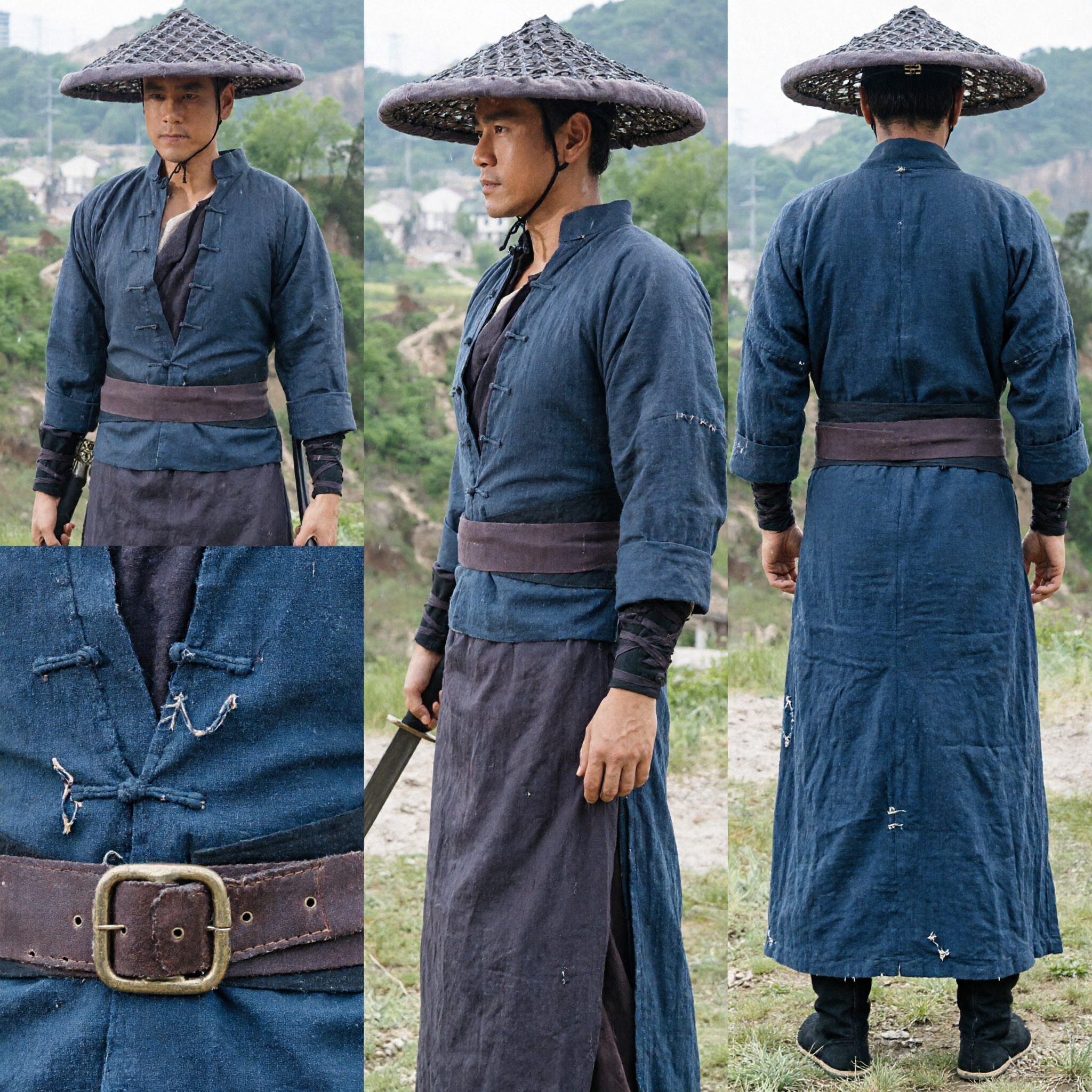 Traditional Chinese Ancient Swordsman Costume Men Martial Arts Wuxia Cosplay Outfit with Bamboo Hat