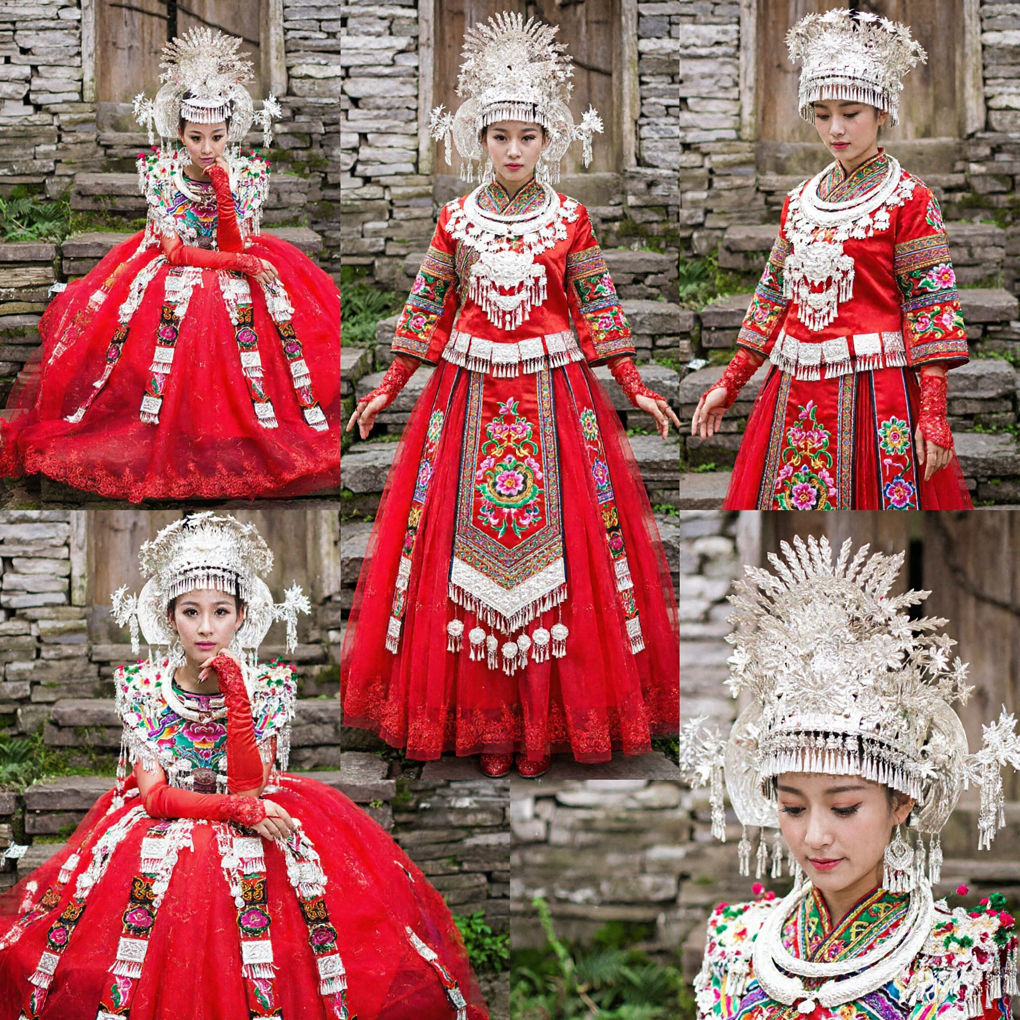 Traditional Chinese Miao Minority Wedding Dress Red Embroidered Gown with Silver Headdress for Cultural Performance