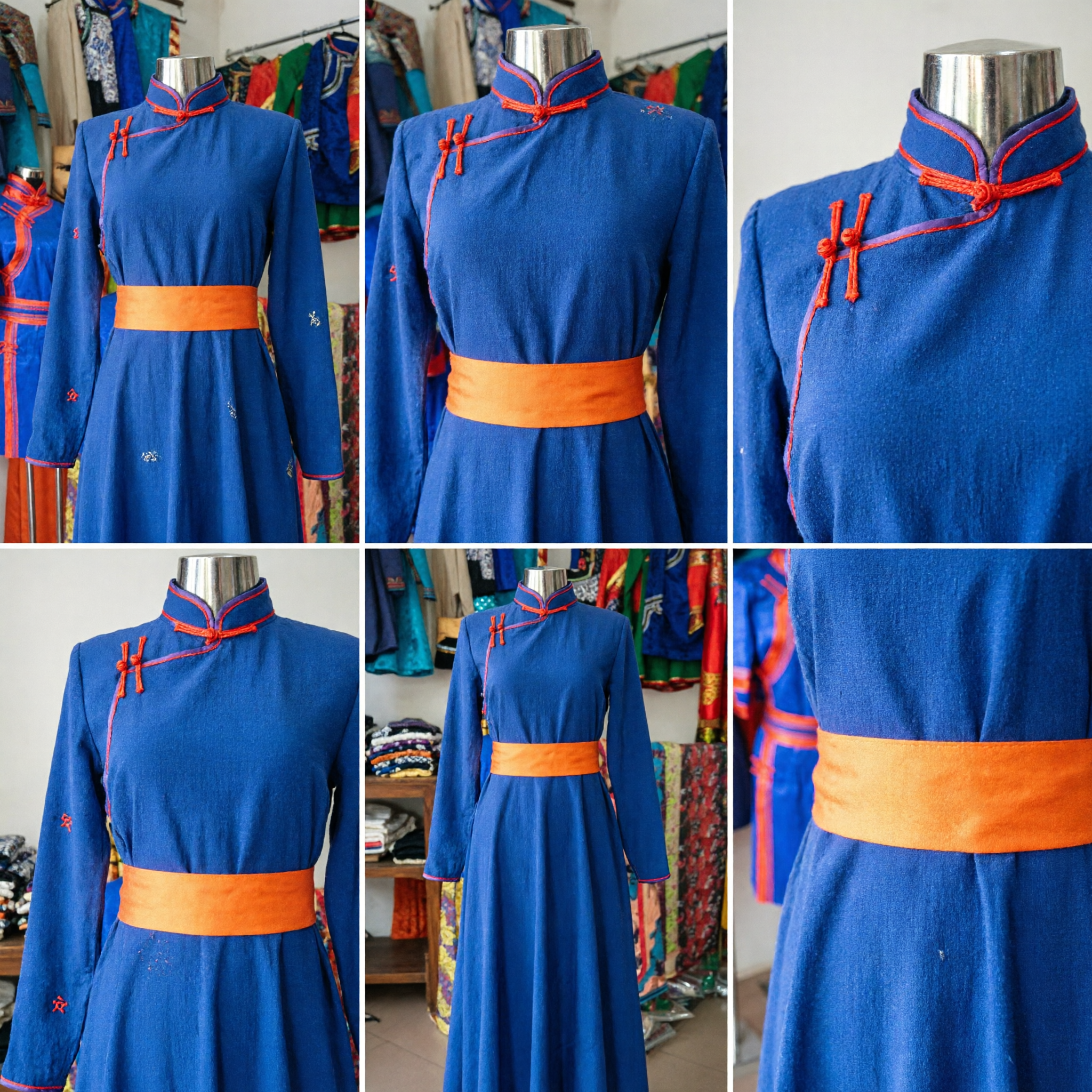 Traditional Blue Mongolian Robe Long Sleeve Ethnic Dress with Orange Sash for Stage Dance Performance