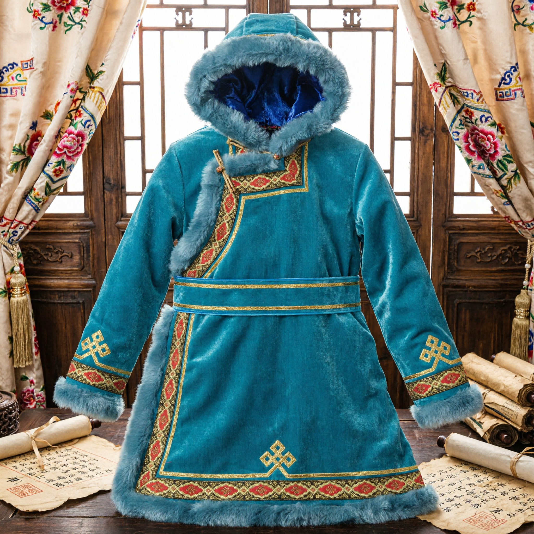Traditional Mongolian Blue Velvet Robe with Fur Trim and Gold Embroidery Ethnic Costume for Kids Dance