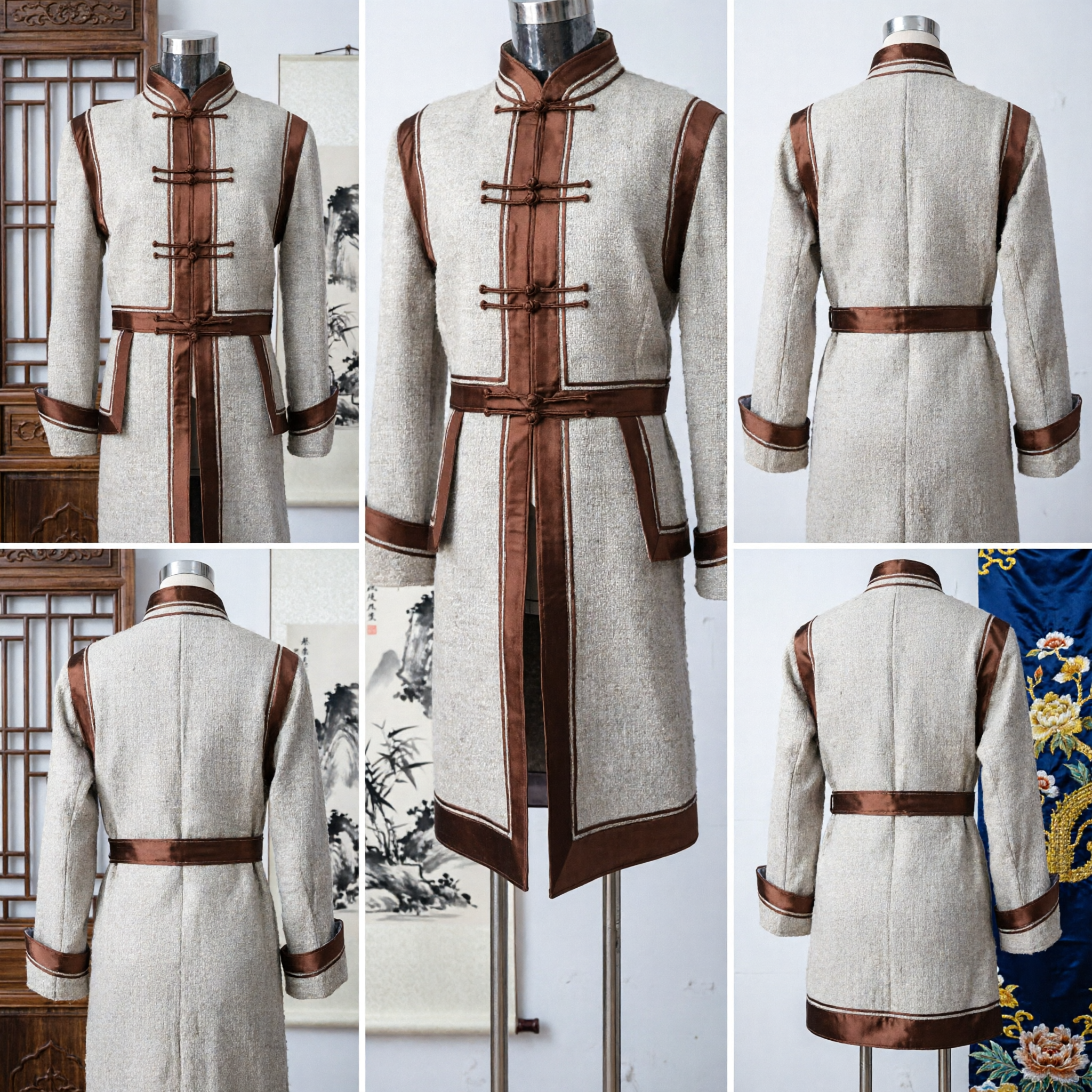 Traditional Chinese Mongolian Robe Beige Kung Fu Costume Men's Ethnic Clothing for Performance and Festivals