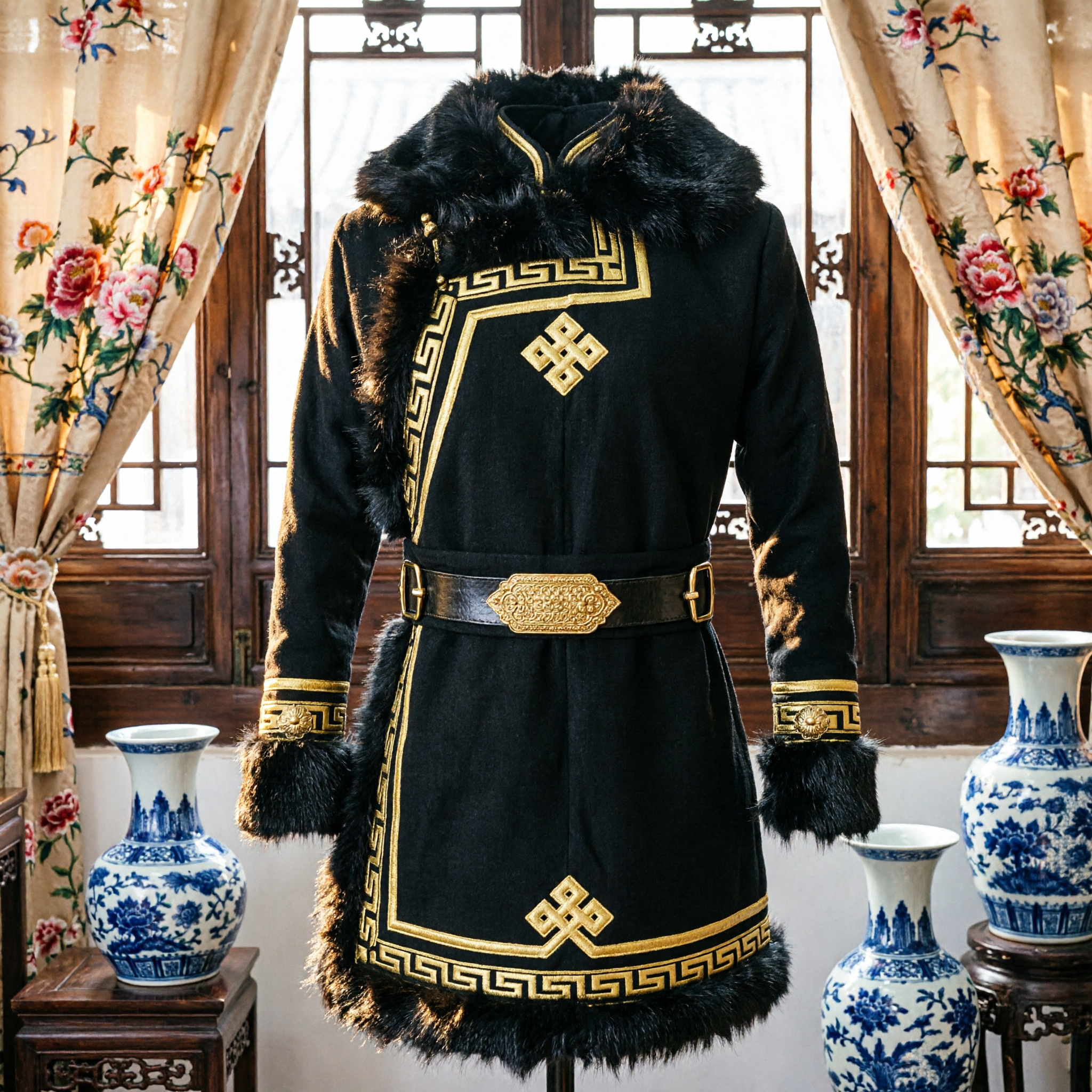 Traditional Black Mongolian Robe Coat with Fur Trim and Gold Embroidery for Winter Wedding Performance