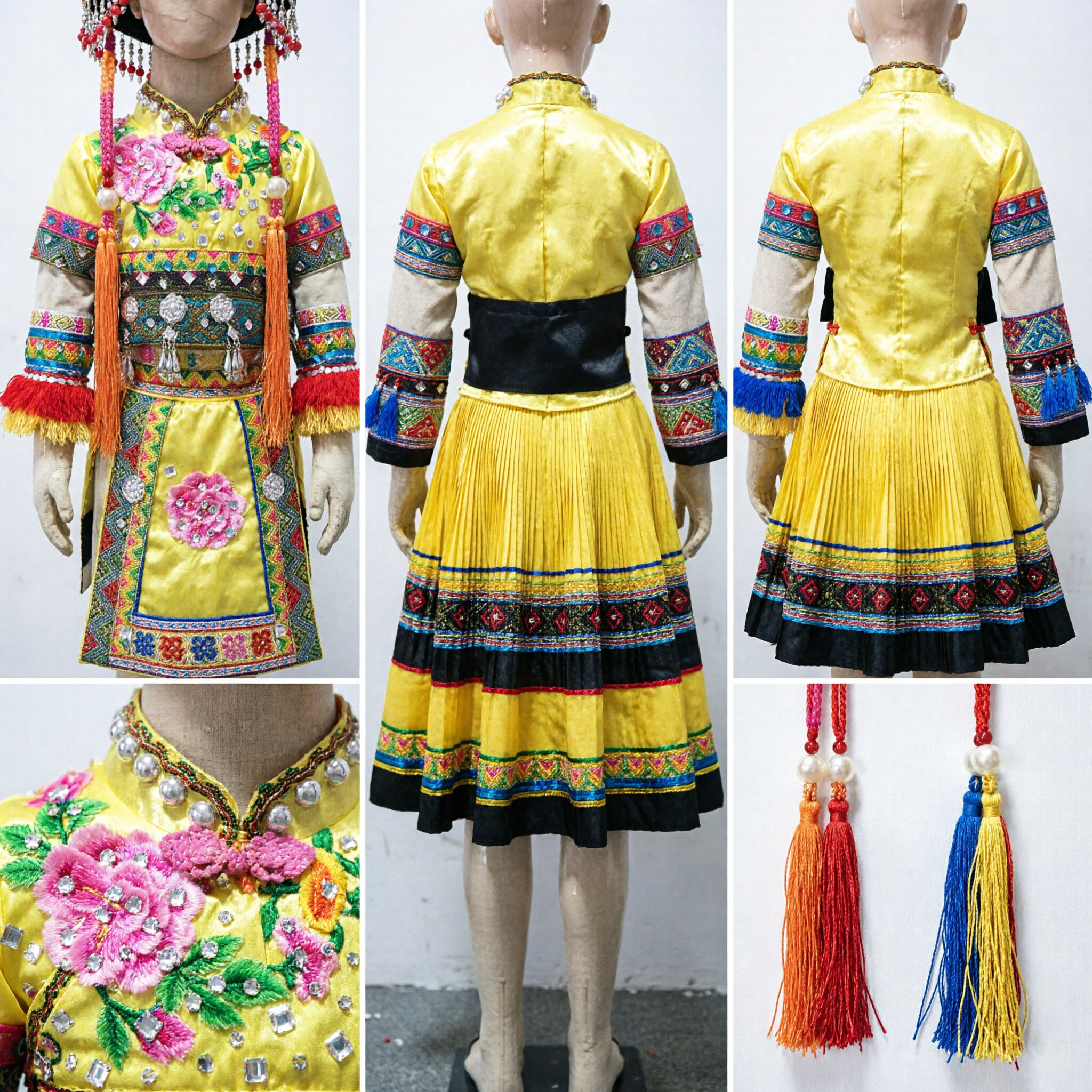 Traditional Chinese Miao Ethnic Minority Yellow Folk Dance Costume Dress with Silver Jewelry for Women