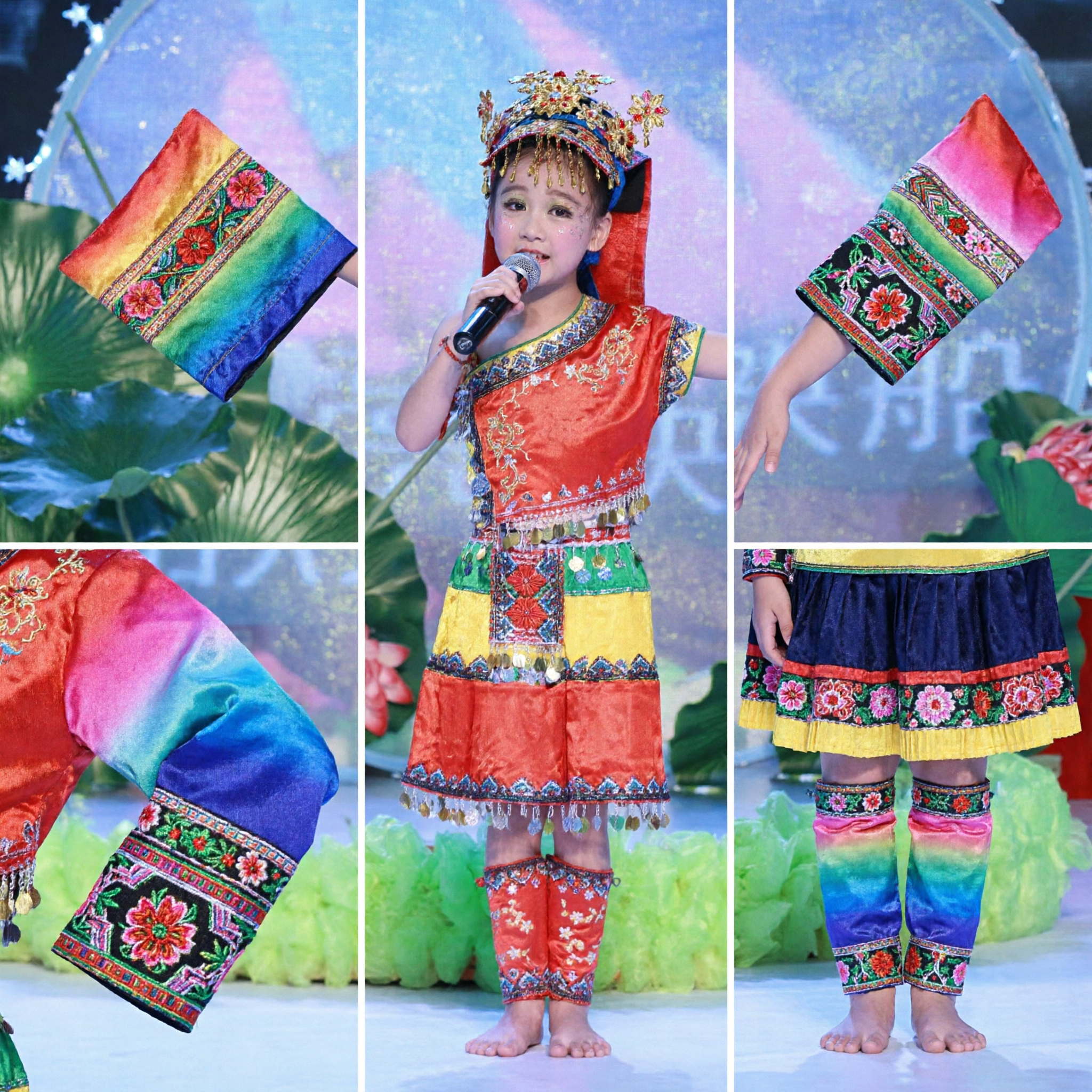 Traditional Chinese Ethnic Minority Dance Costume for Girls Kids Folk Performance Dress Cultural Stage Outfit