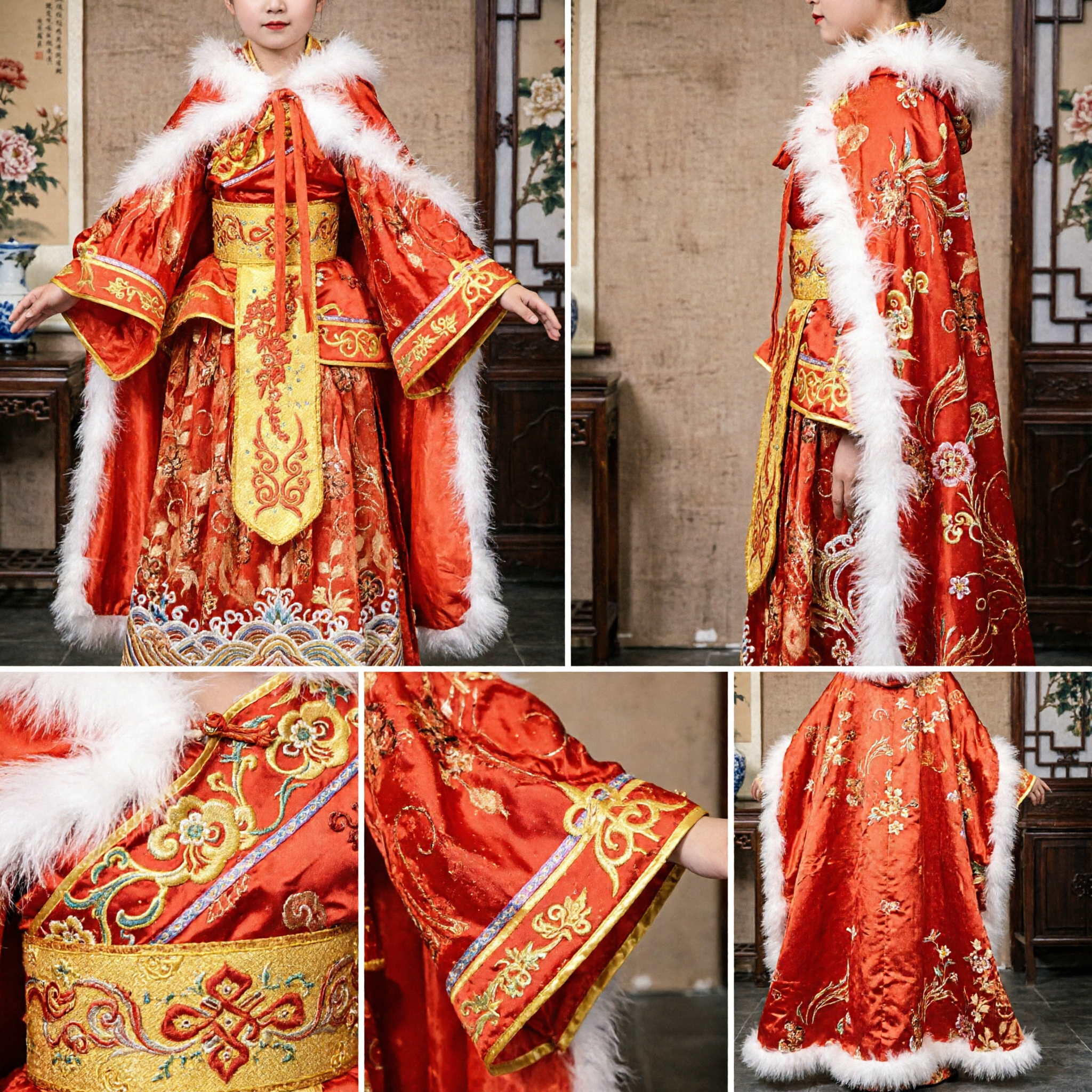 Women's Traditional Chinese Red Tang Dynasty Palace Costume with Fur Trim for Stage Performance and Cosplay