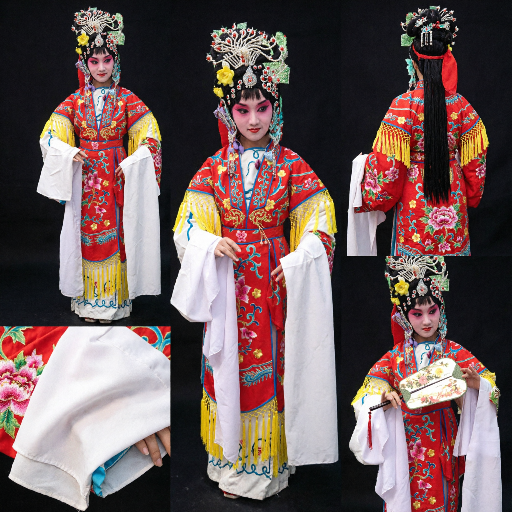 Traditional Chinese Peking Opera Costume for Kids Complete Hua Dan Set with Red Embroidered Robe and Headdress