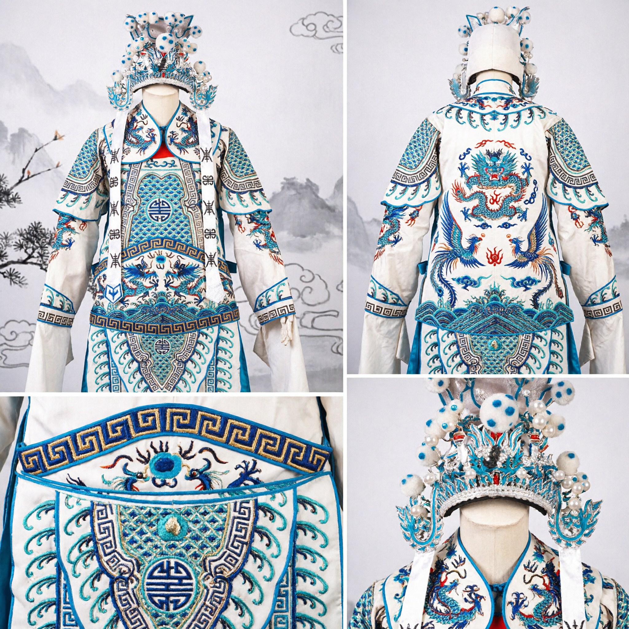 Traditional Chinese Beijing Opera General Warrior Armor Costume with Four Flags White Blue Dragon Embroidery for Men